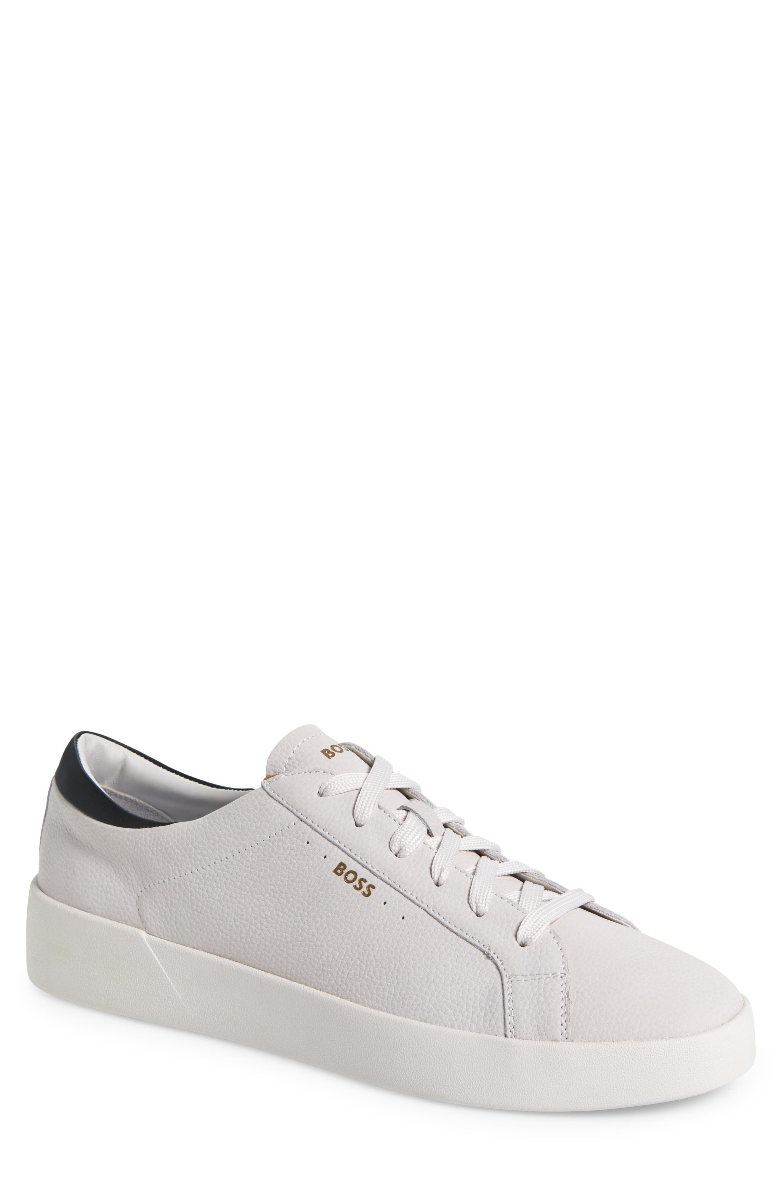 BOSS Belwar Low Top Pebbled Leather Sneaker in White /Black at Nordstrom - 1