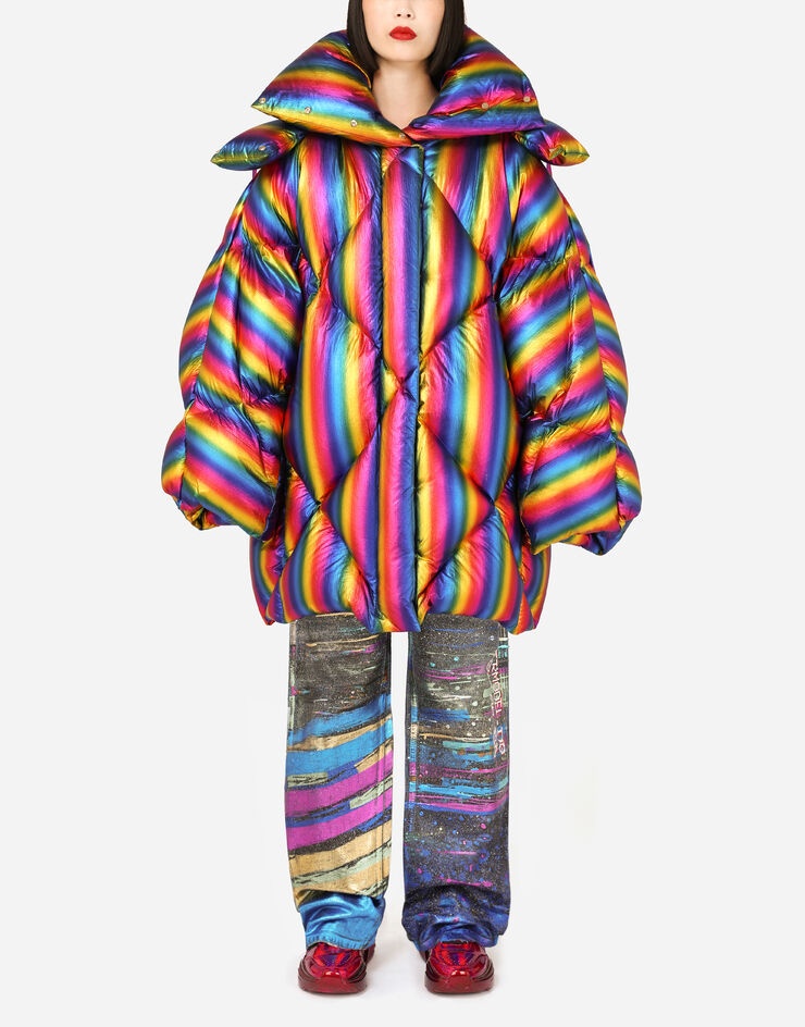 Foiled nylon down jacket with multi-colored stripes - 1