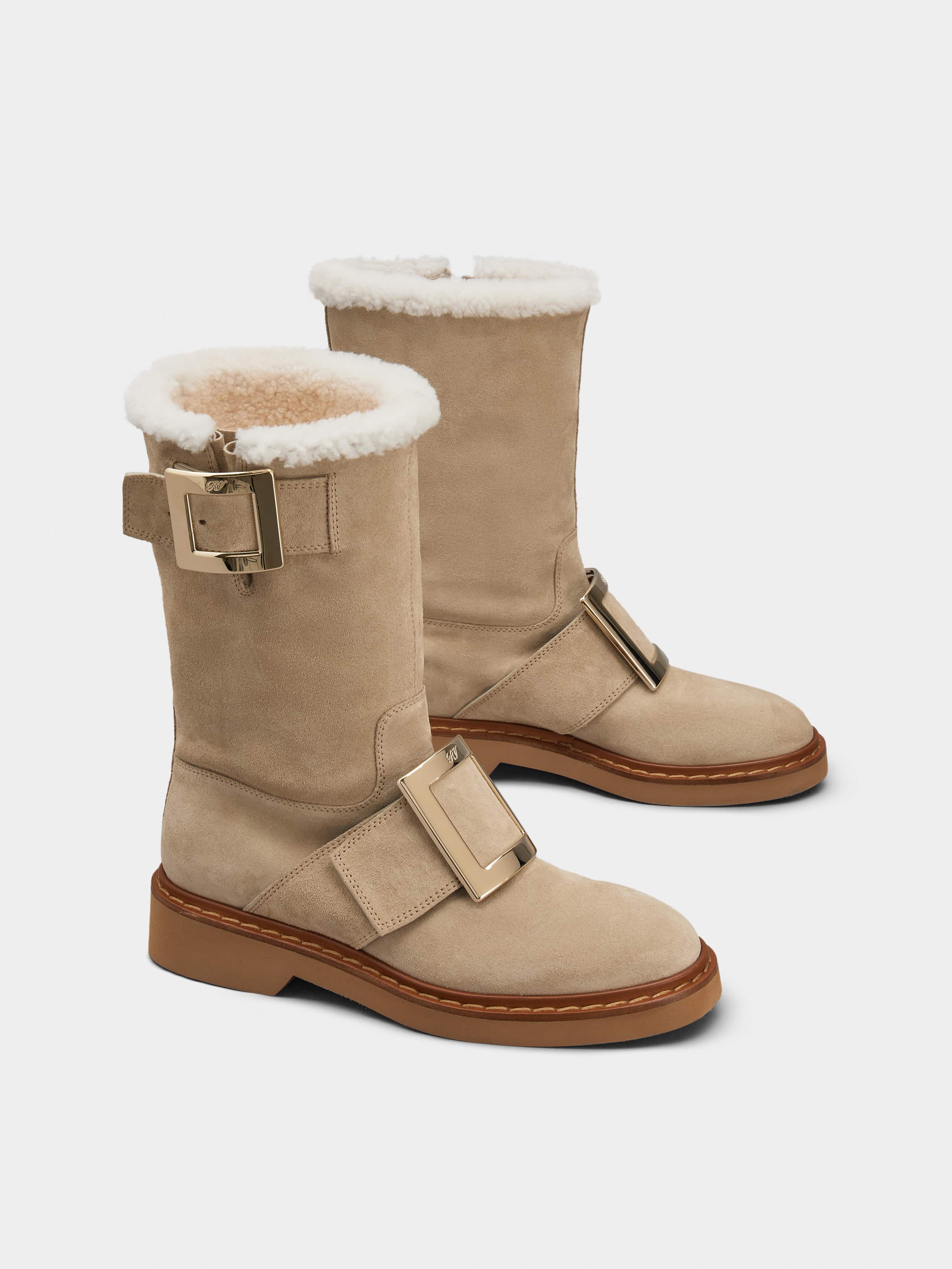 Viv' Rangers Metal Buckle Shearling Biker Boots in Suede - 2