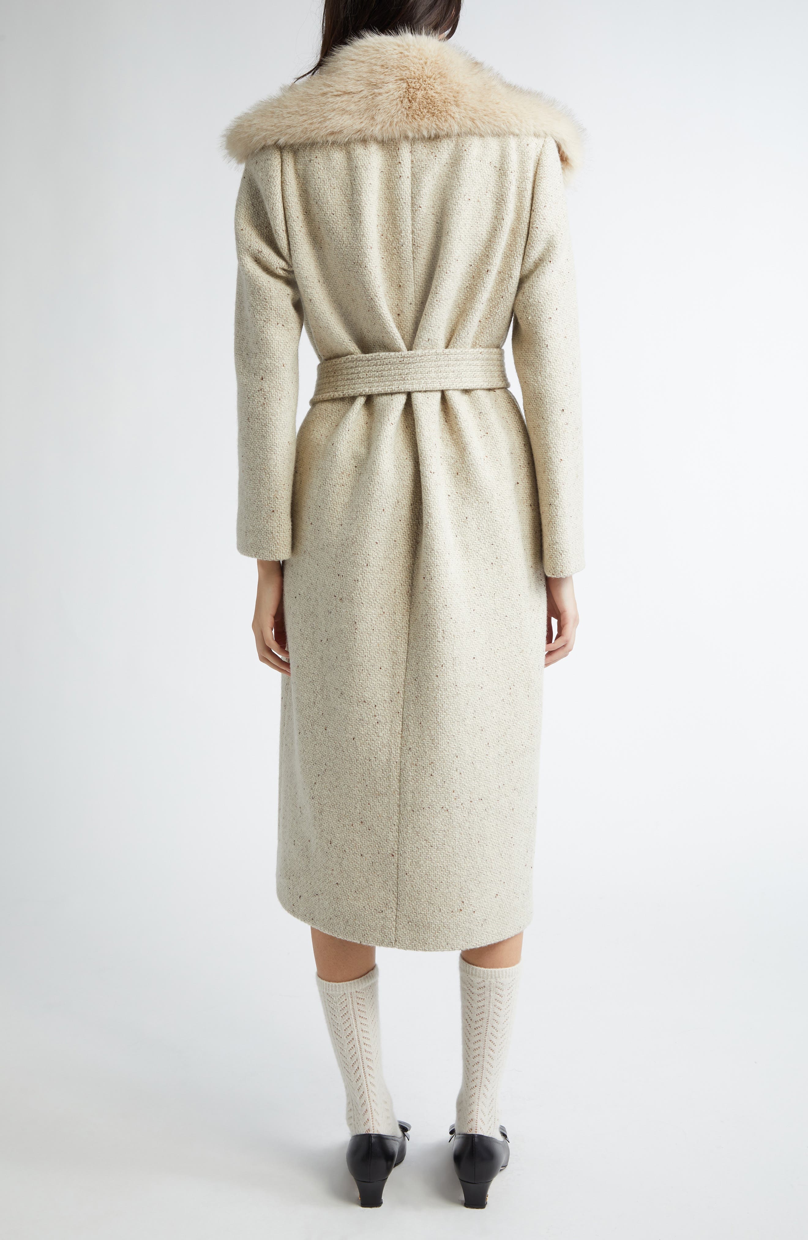 Valentino Garavani Virgin Wool Belted Coat with Faux Fur Collar in Cream Multi at Nordstrom - 3