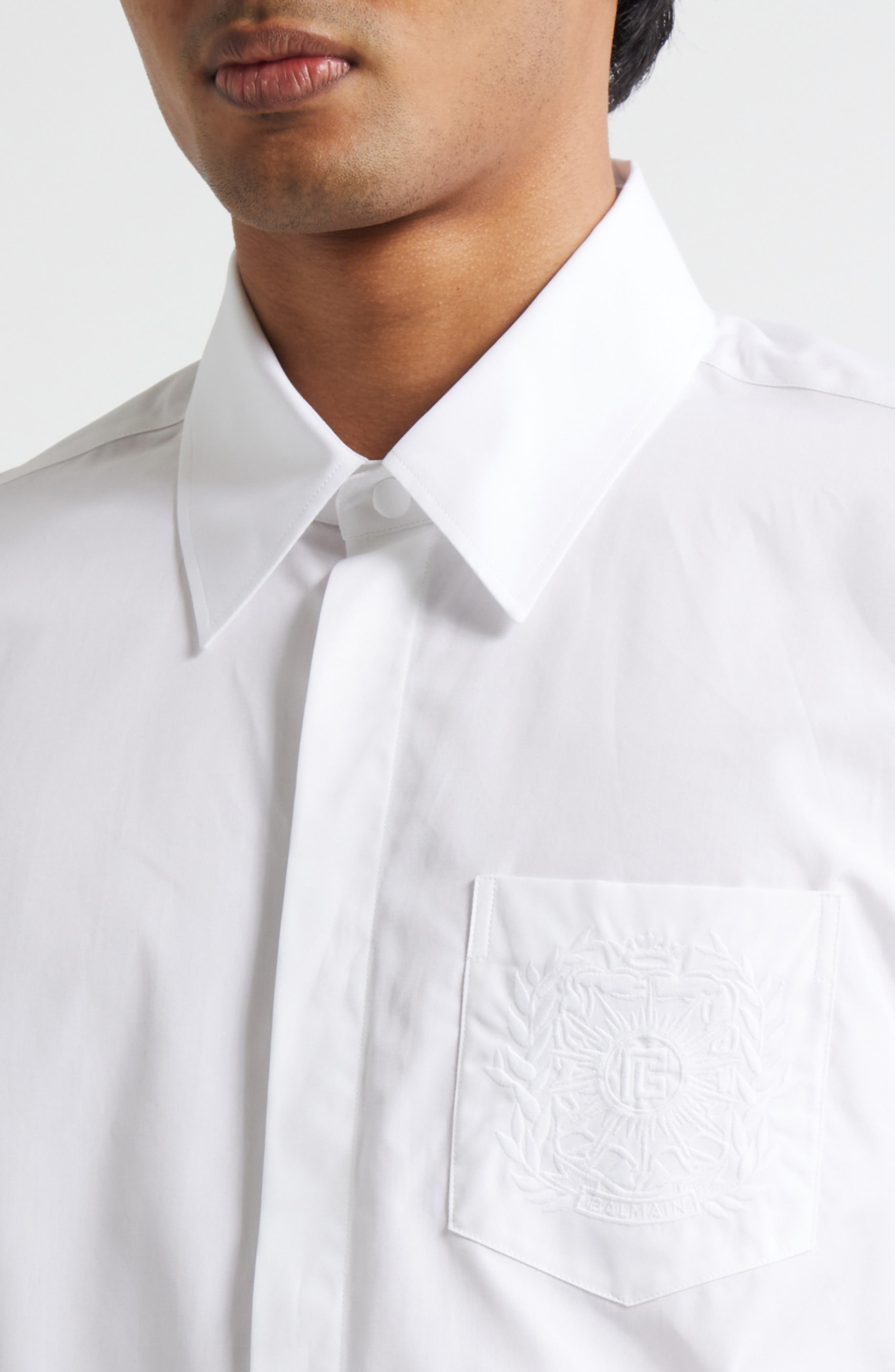 Balmain Embroidered Emblem Cotton Poplin Button-Up Shirt in 0Fb Optical White at Nordstrom - 4