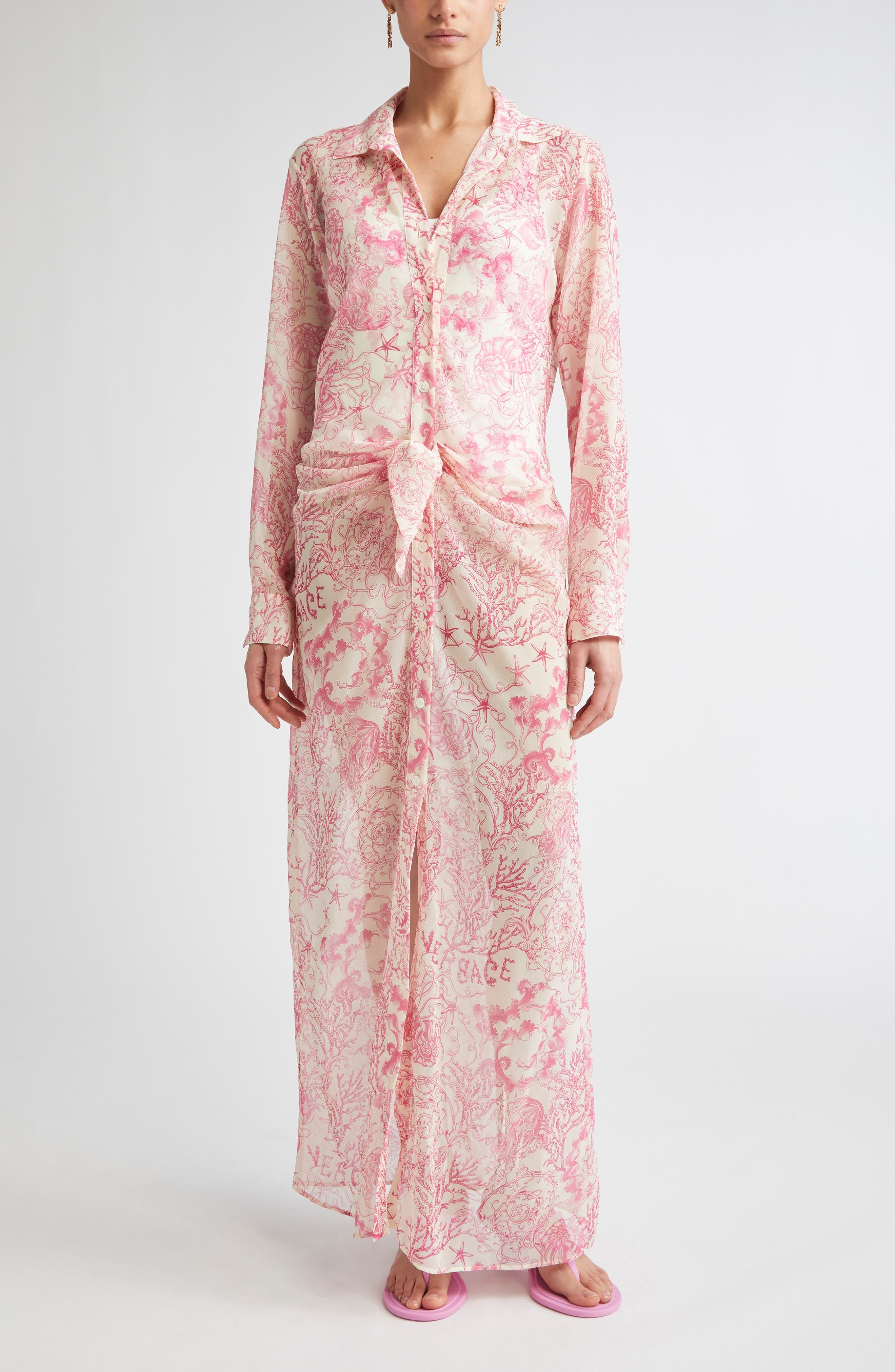 Versace Underwater Barocco Long Sleeve Cover-Up Shirtdress in Eggshell/Dragonfruit at Nordstrom - 1