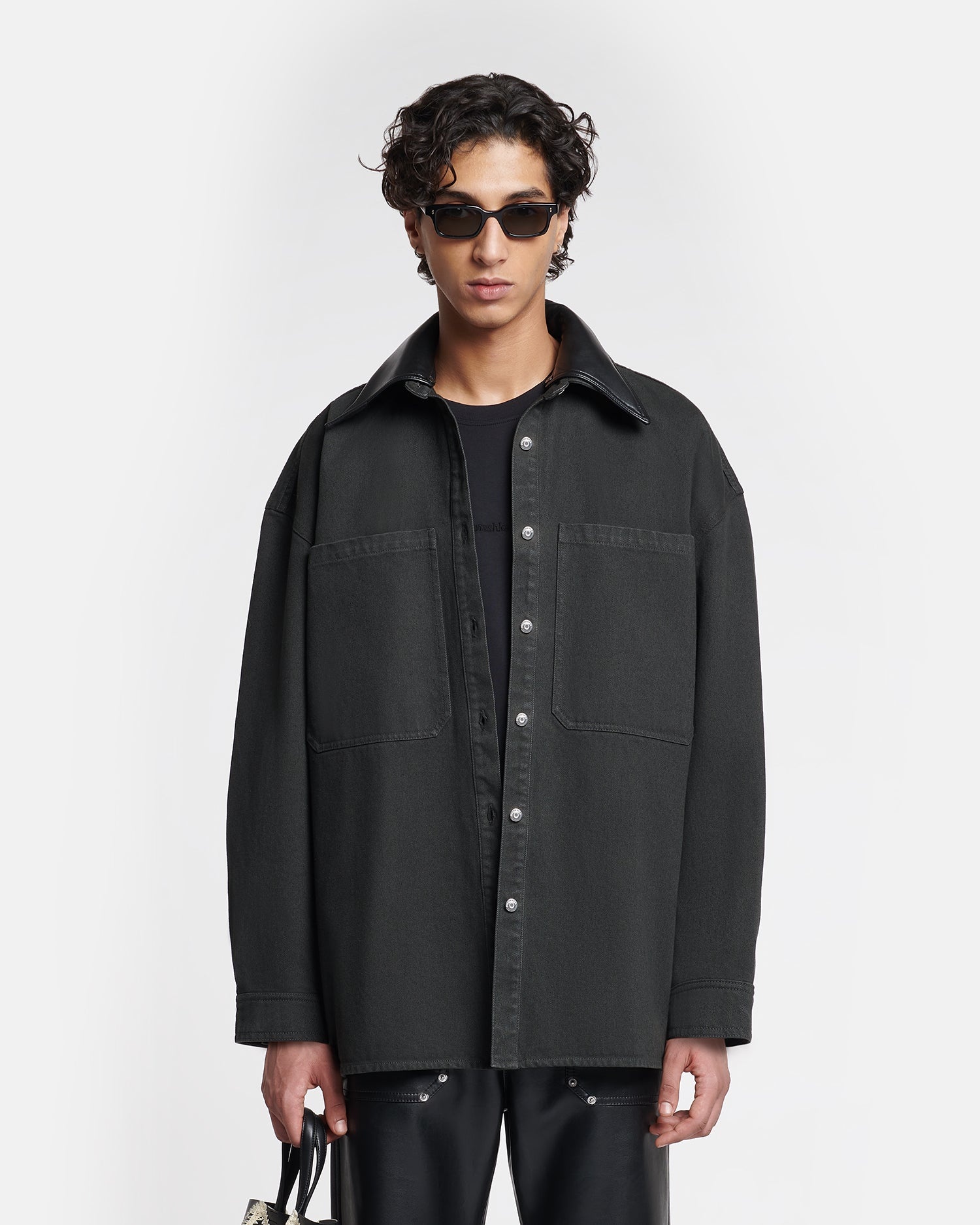 Leather-Trimmed Denim Shirt - 7