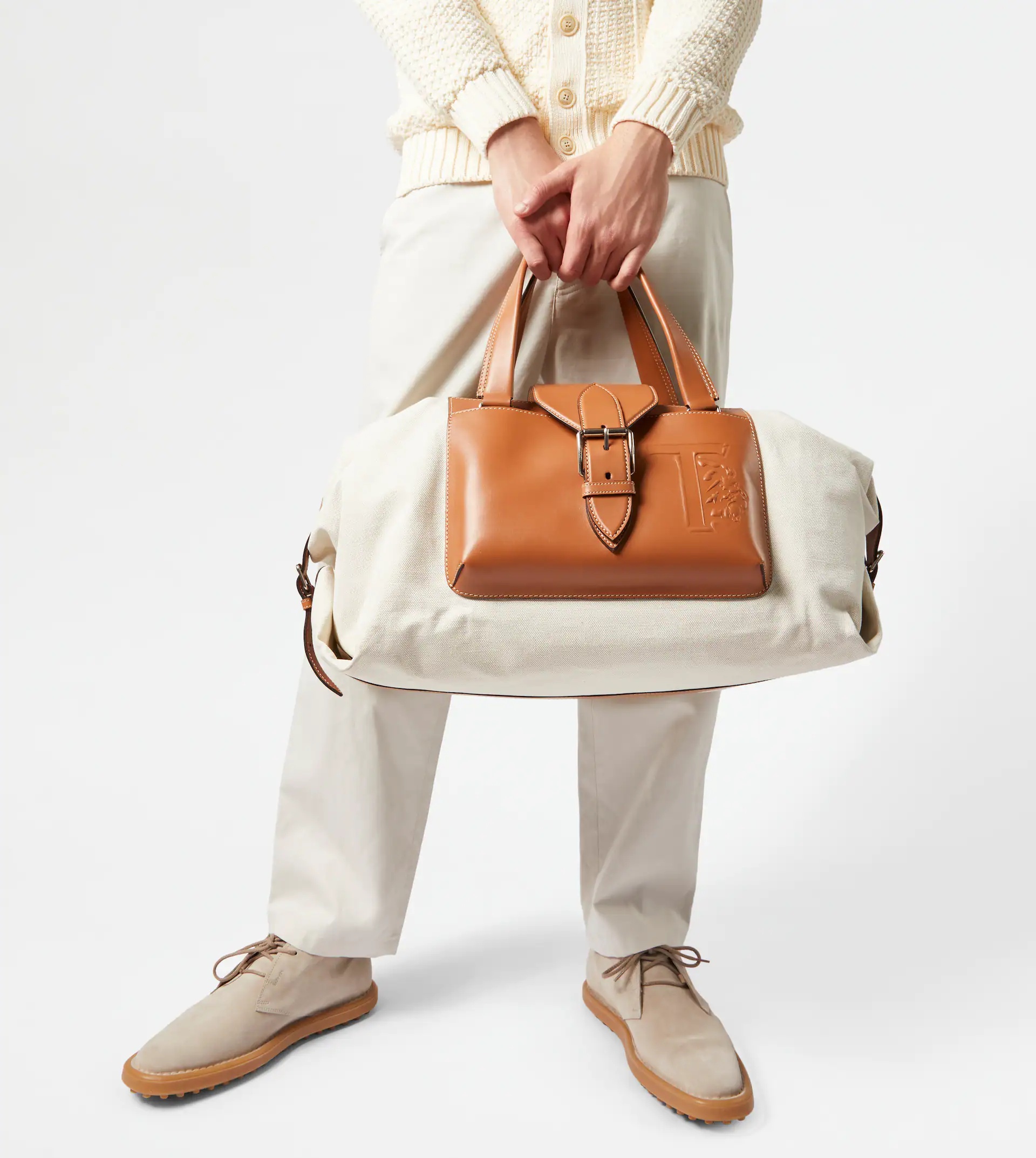 DUFFLE BAG IN CANVAS AND LEATHER MEDIUM - BROWN, BEIGE 2