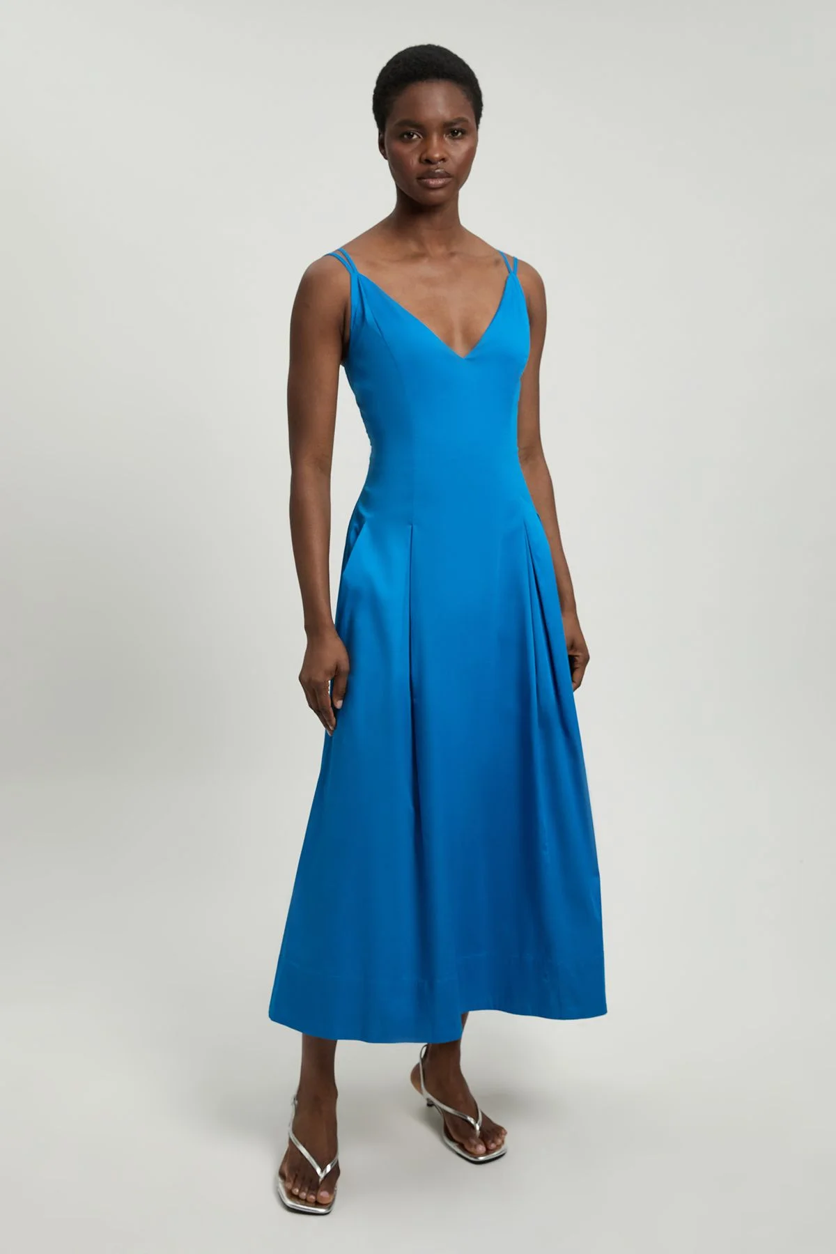Cotton Sateen V Neck Maxi Dress - 1