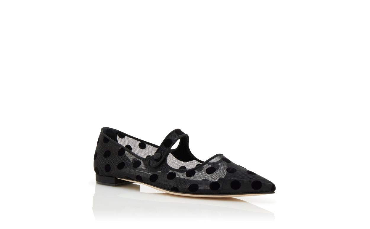 Black Mesh Polka Dot Mary Jane Flat Pumps - 3