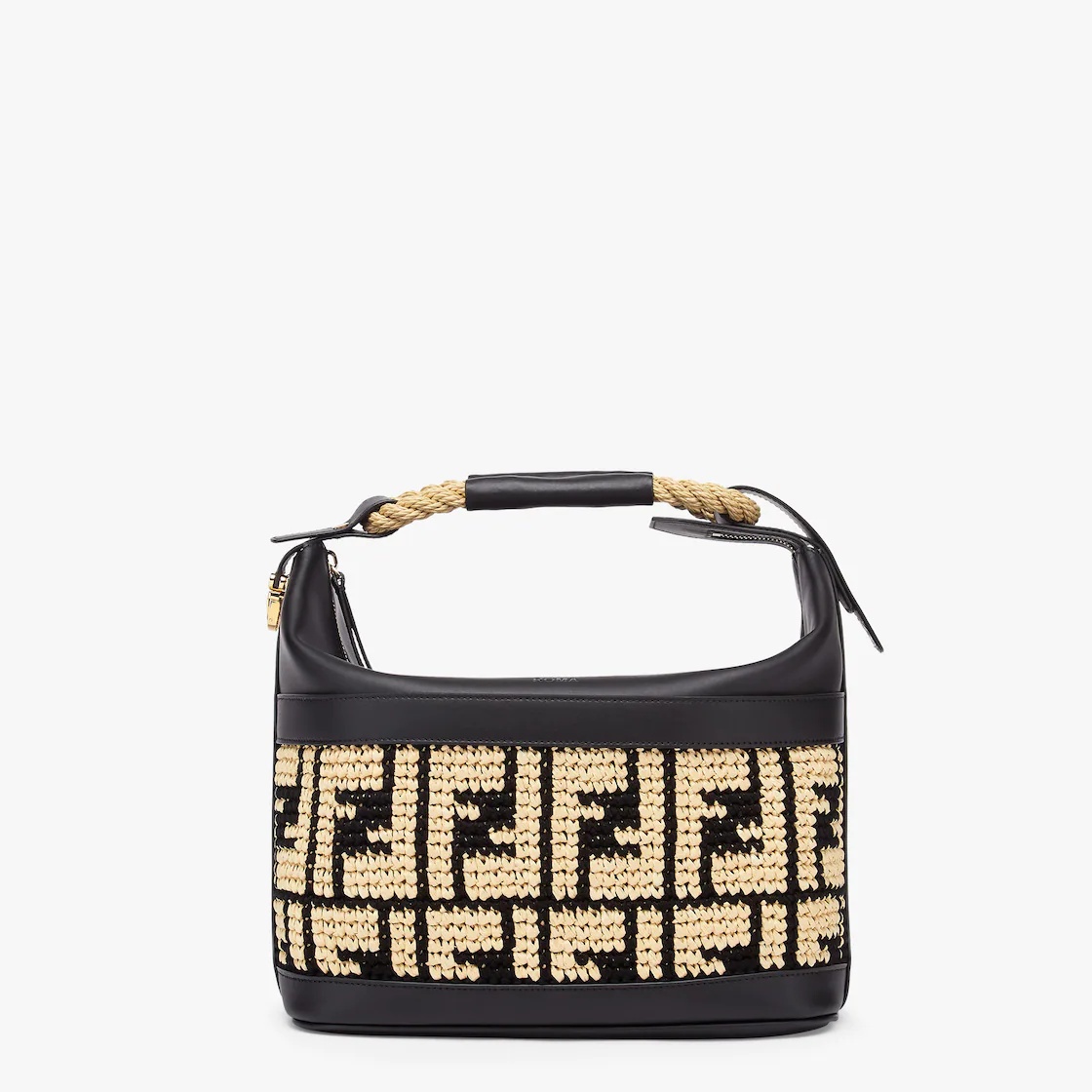 Insulated bag with handle and zip fastening. Made of hand-woven beige raffia with a black FF motif.  - 1