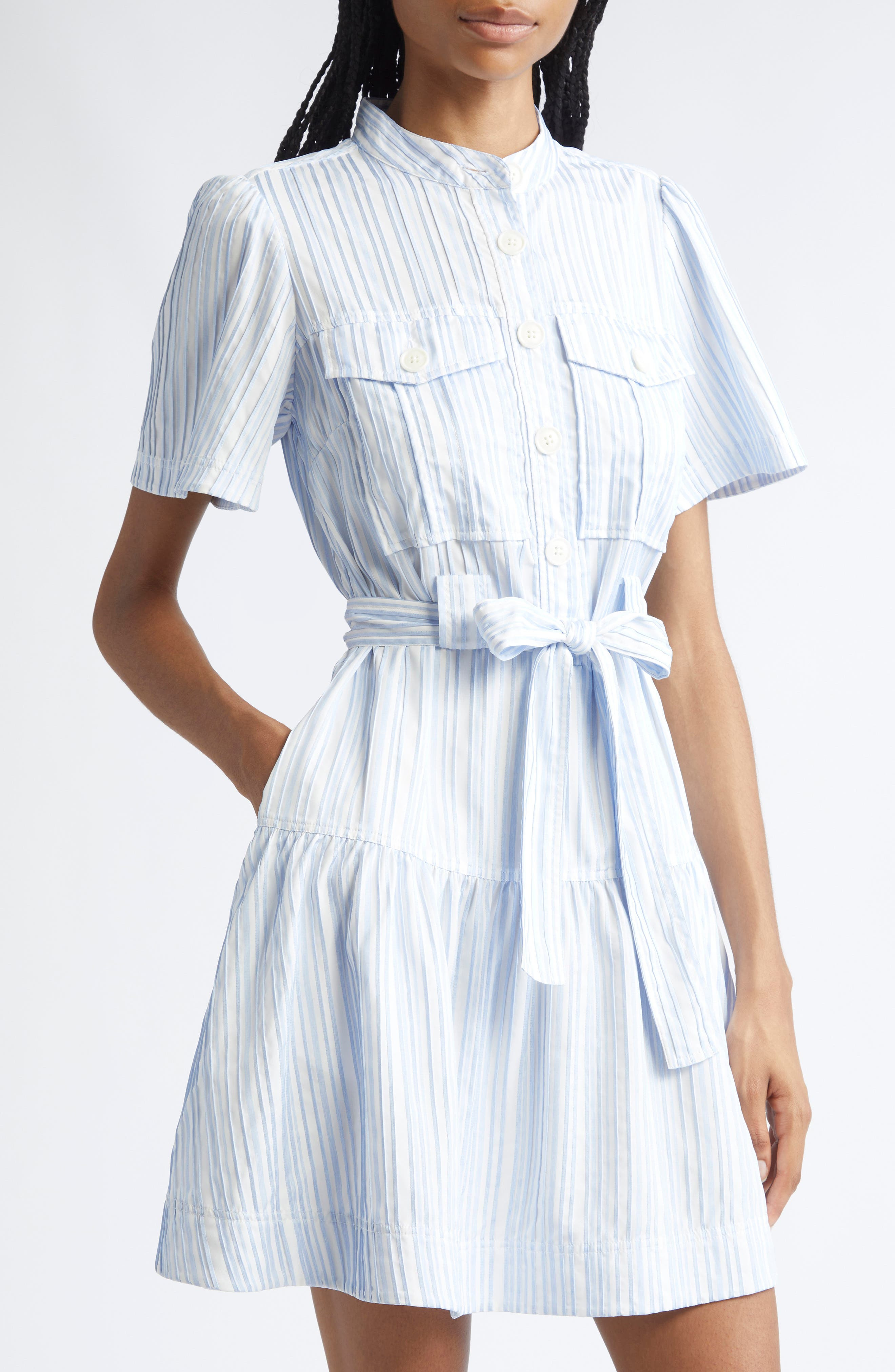 Derek Lam 10 Crosby Clynton Variegated Stripe Short Sleeve Shirtdress in Celestine/White at Nordstro - 4