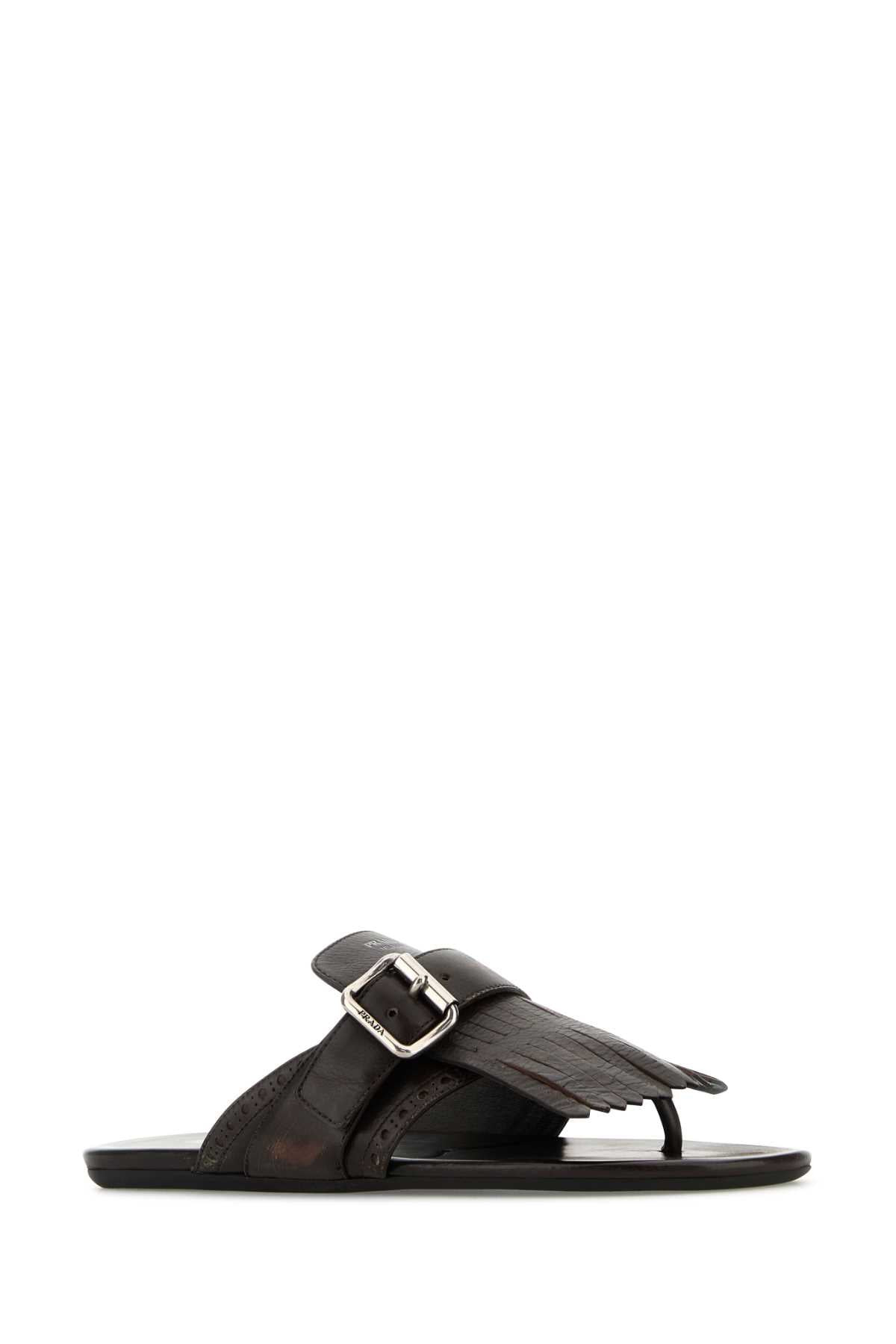 Prada Women Dark Brown Leather Shuffle Thong Slippers - 2