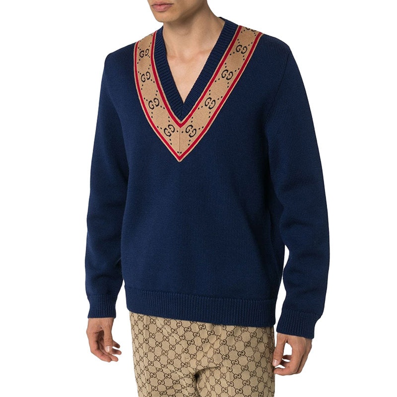 Gucci GG V-neck Wool Sweater 'Blue' 577089-XKAU0-4912 - 3