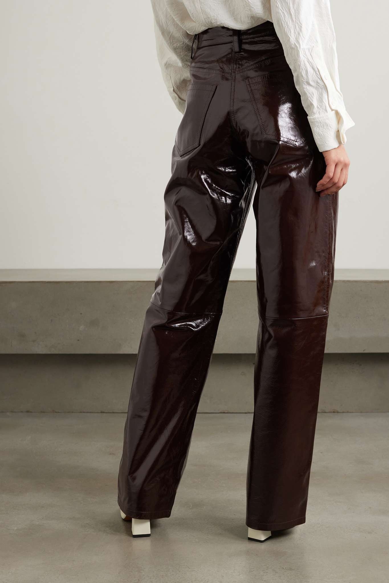 Crinkled glossed-leather wide-leg pants - 3