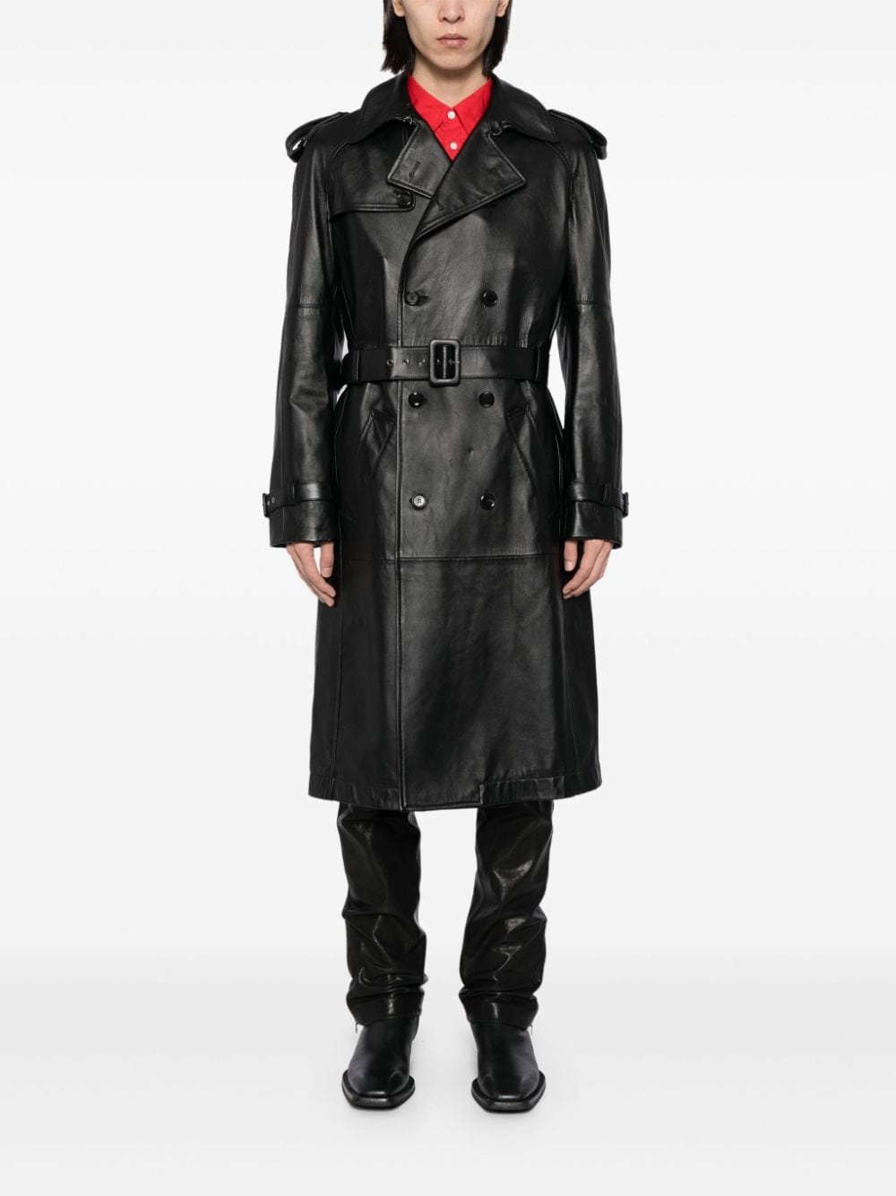 belted leather trench coat - 2