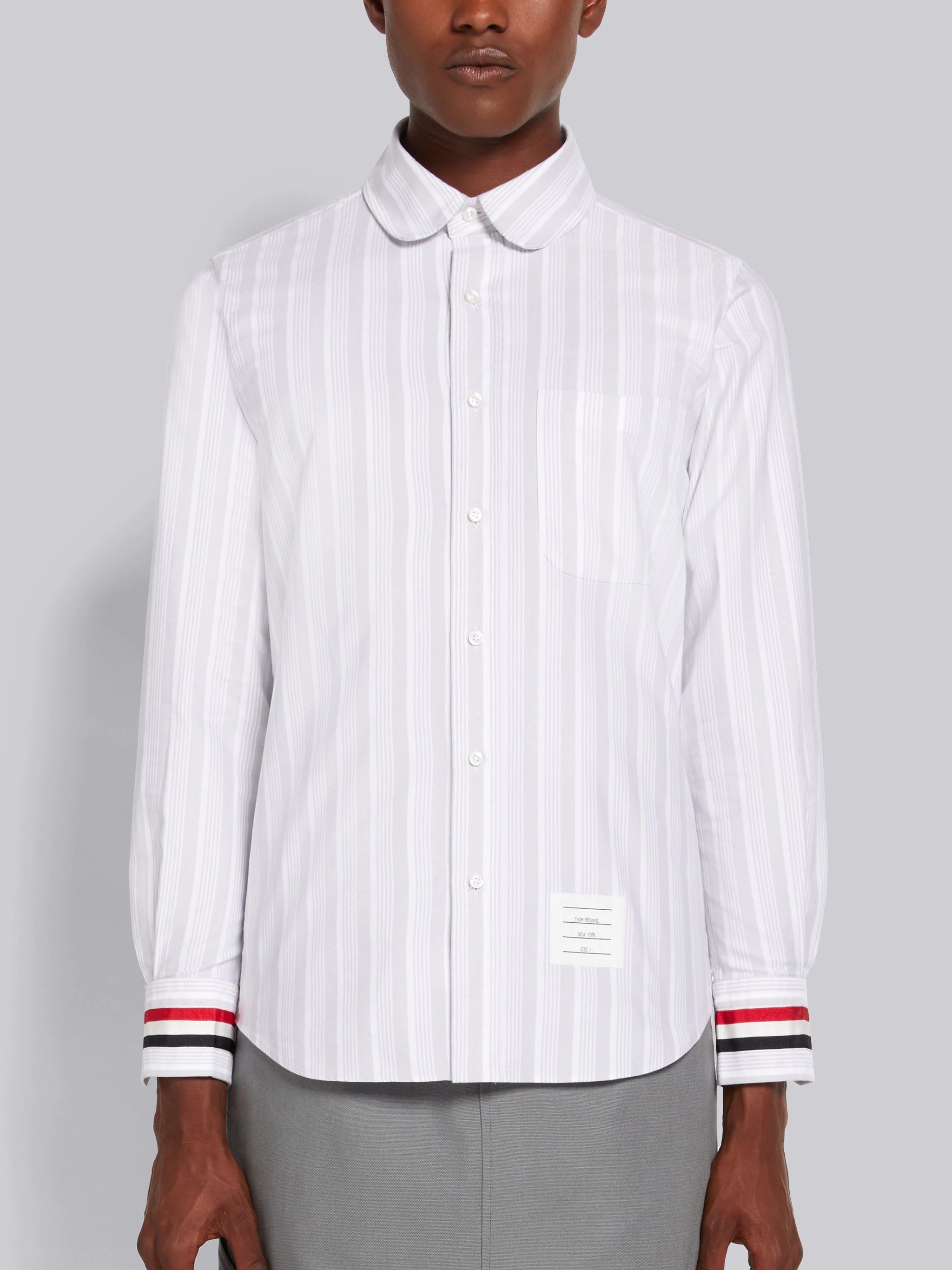 Medium Grey Stripe Oxford Stripe Cuff Straight Fit Round Collar Shirt - 3