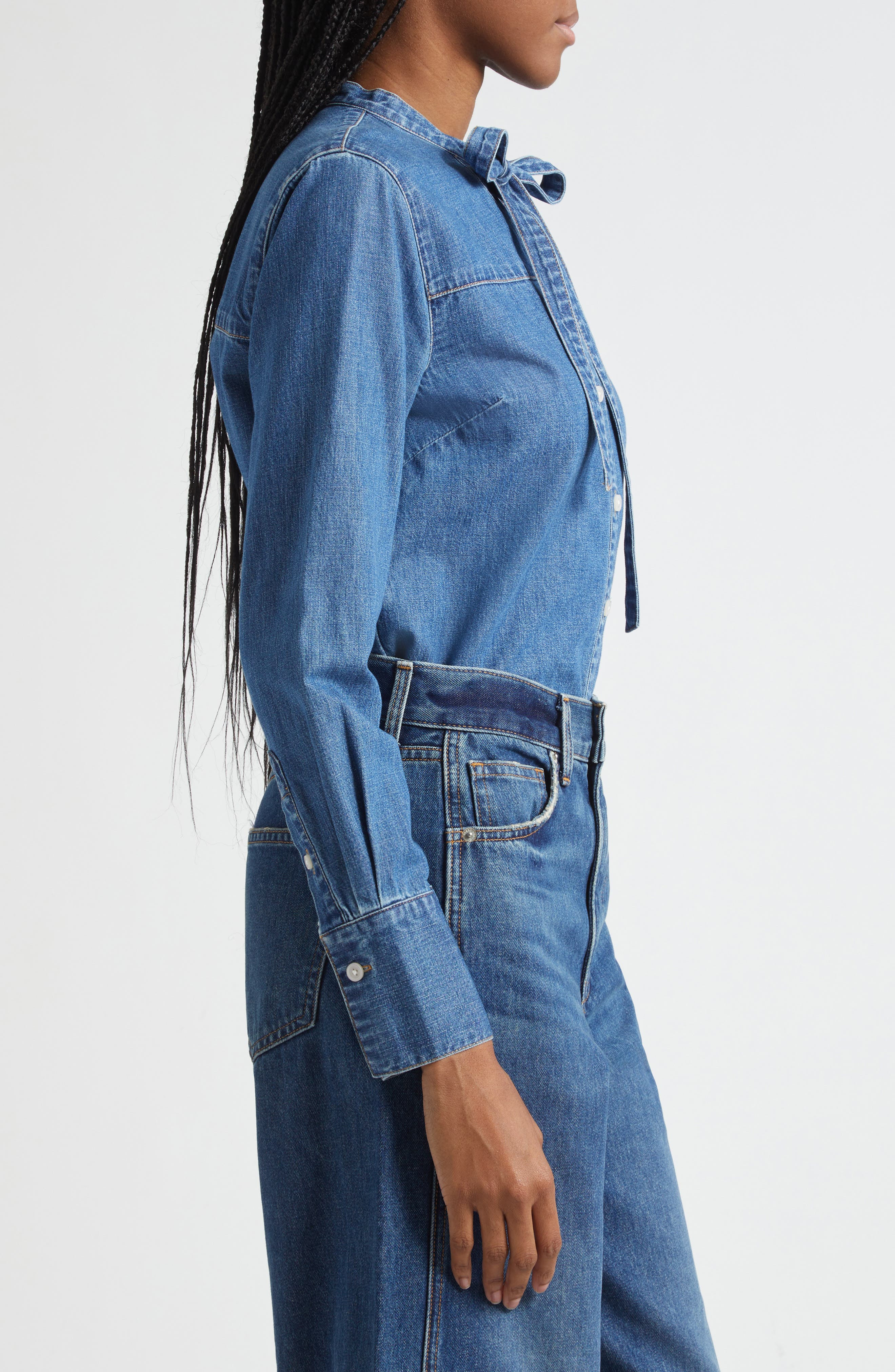 Veronica Beard Gabby Tie Neck Button-Up Denim Shirt in Serendipity at Nordstrom - 4