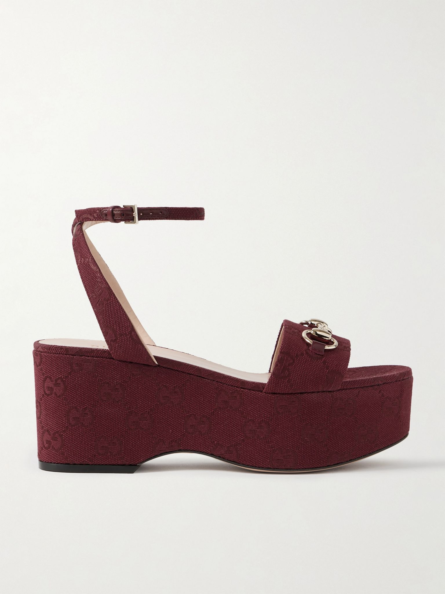 Lady horsebit-embellished canvas-jacquard platform sandals Burgundy - 1