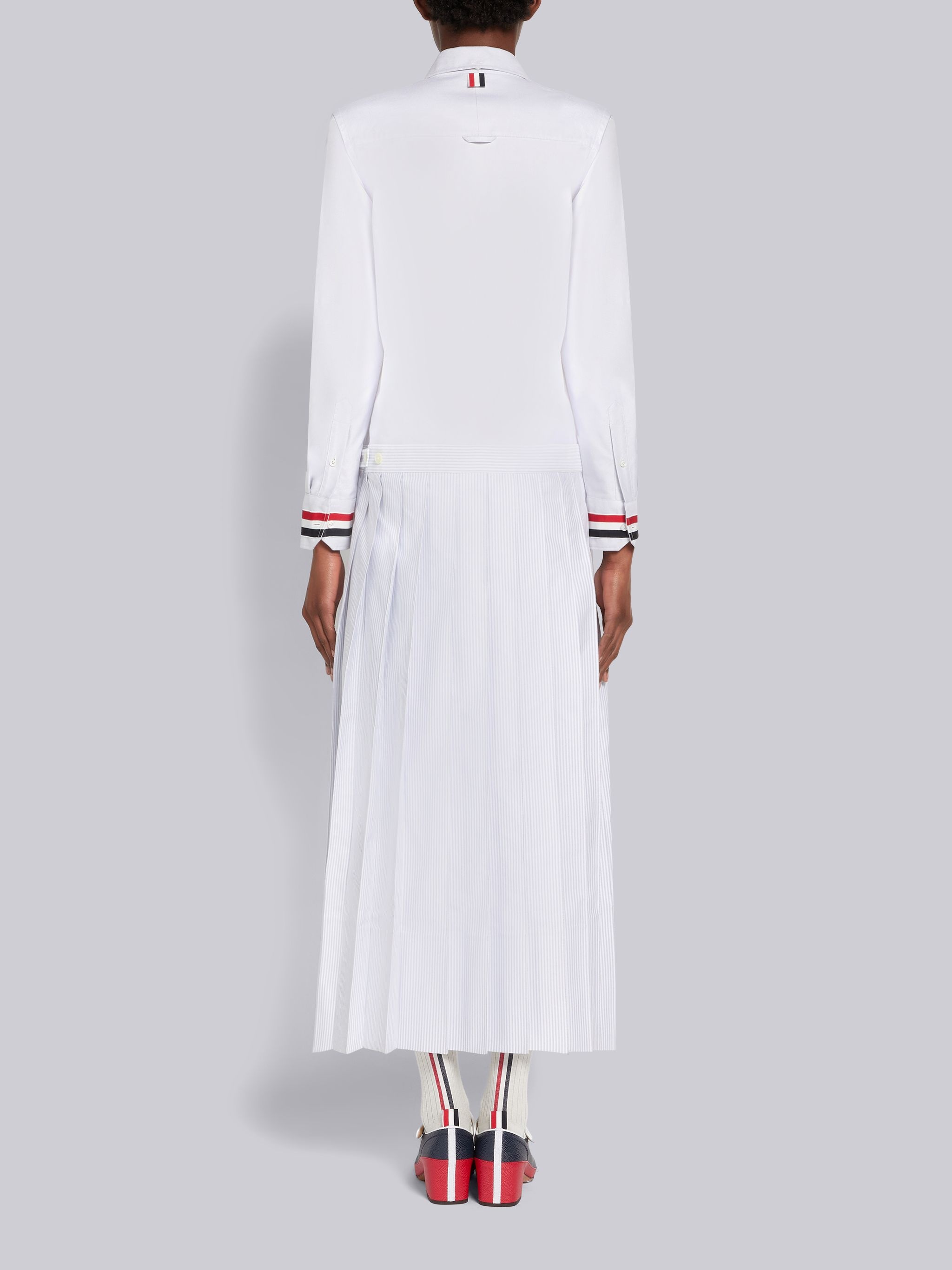 Medium Grey University Stripe Cotton Oxford Grosgrain Stripe Cuff Below-the-Knee Pleated Shirtdress - 3
