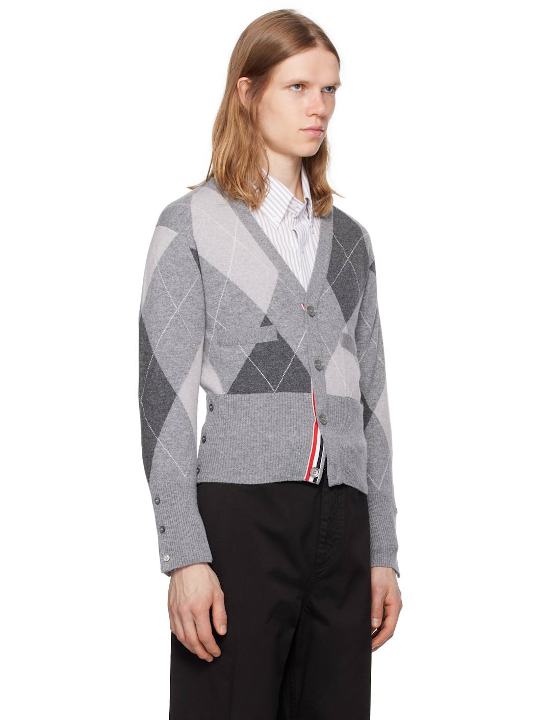 Gray Argyle Intarsia Cashmere V Neck Cardigan - 2