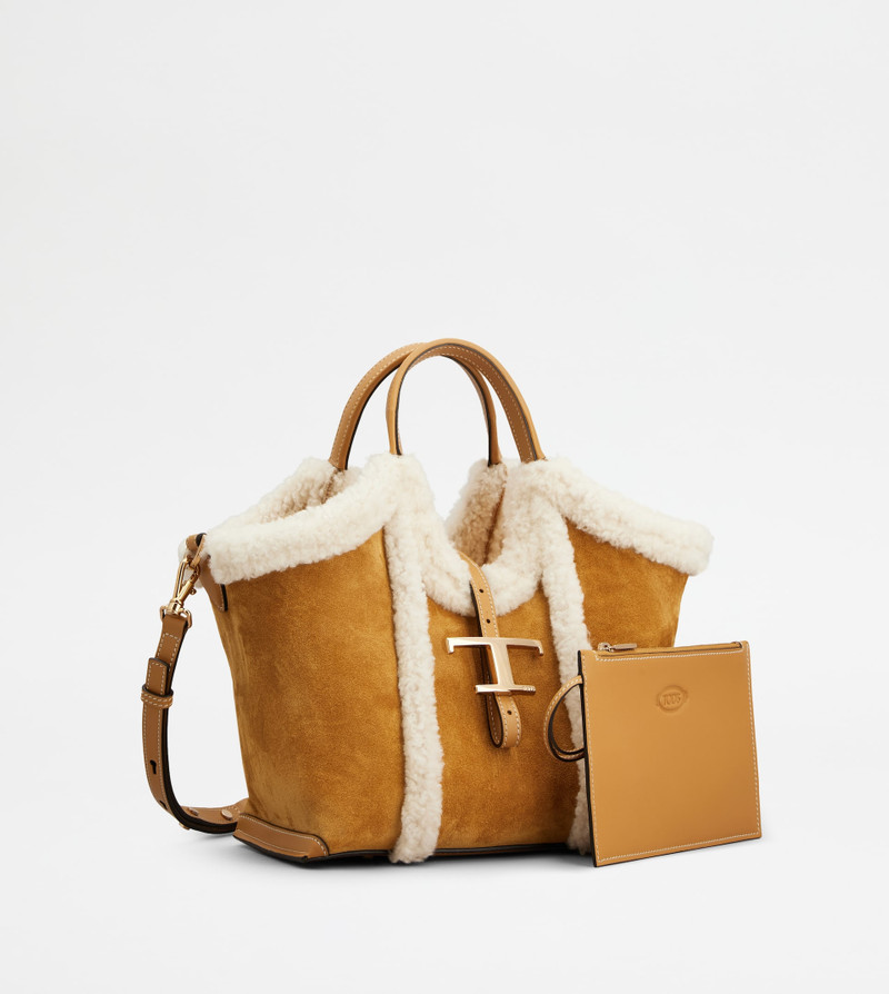 Tod's T TIMELESS SHOPPING BAG IN SUEDE MINI - BROWN, WHITE outlook