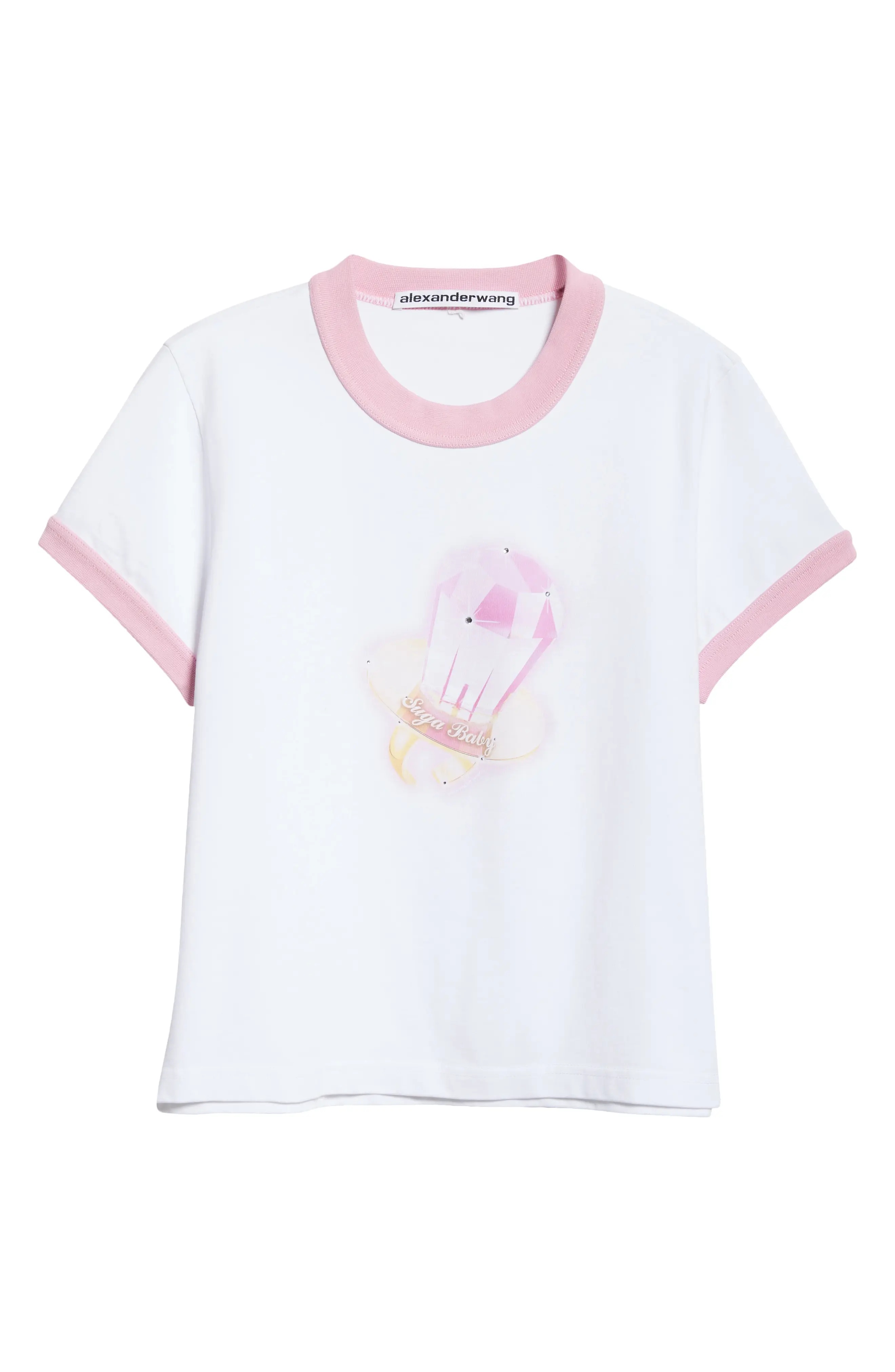 Sugar Baby Shrunken Ringer Graphic T-Shirt in White/Pink - 5