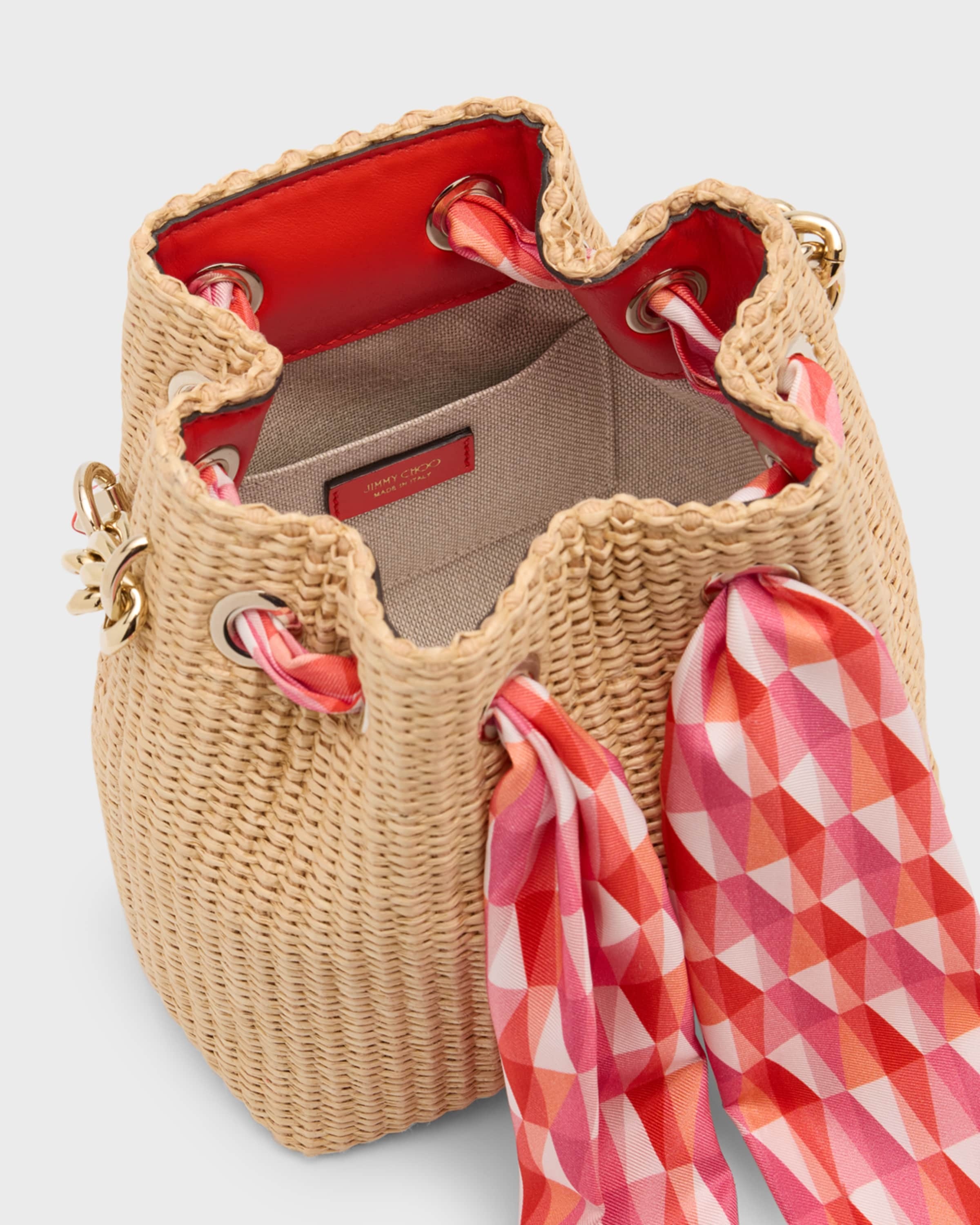JIMMY CHOO Bon Bon Bow Raffia Bucket Bag | REVERSIBLE
