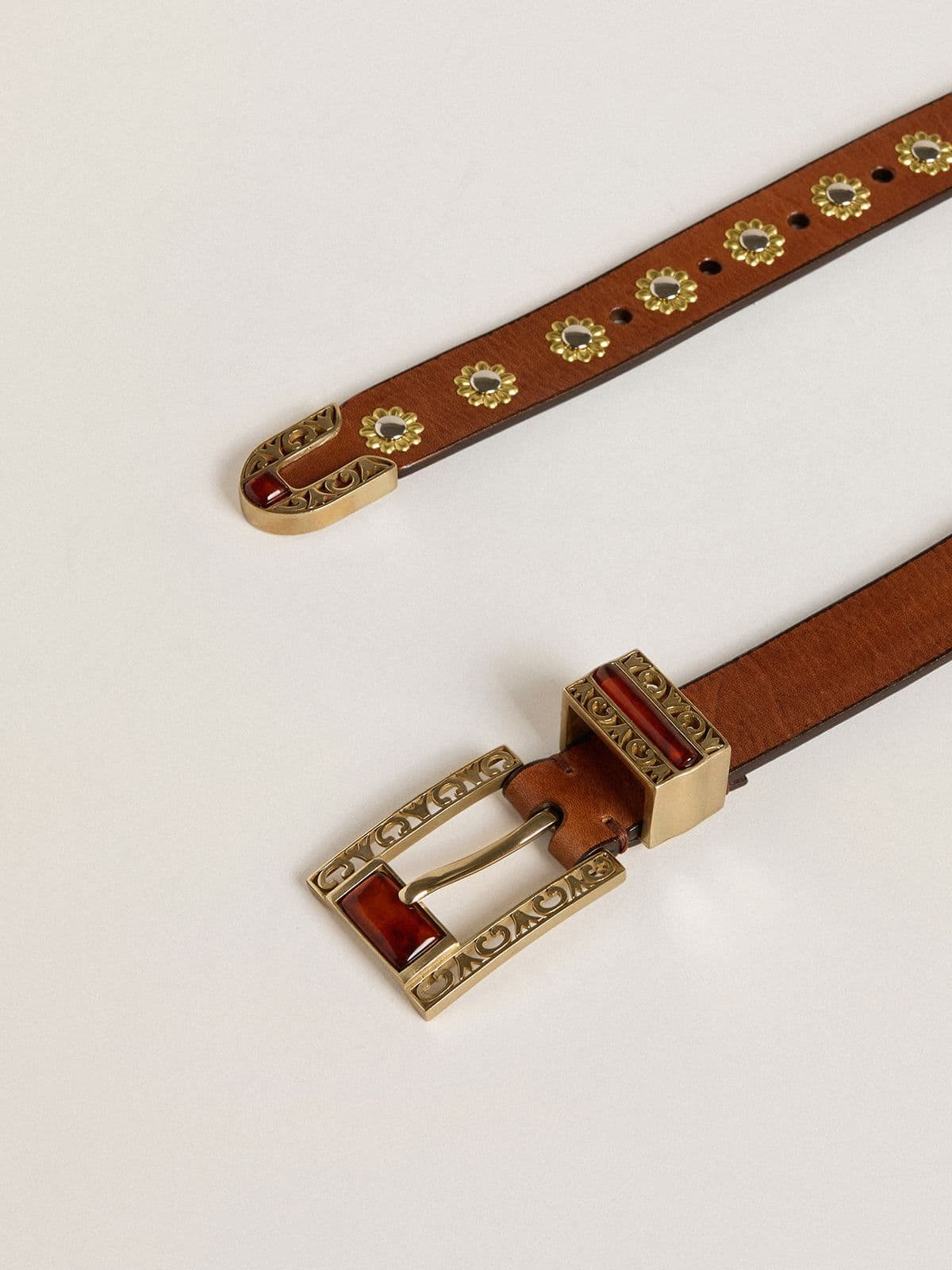 Brown leather belt with golden floral studs and amber inserts - 2