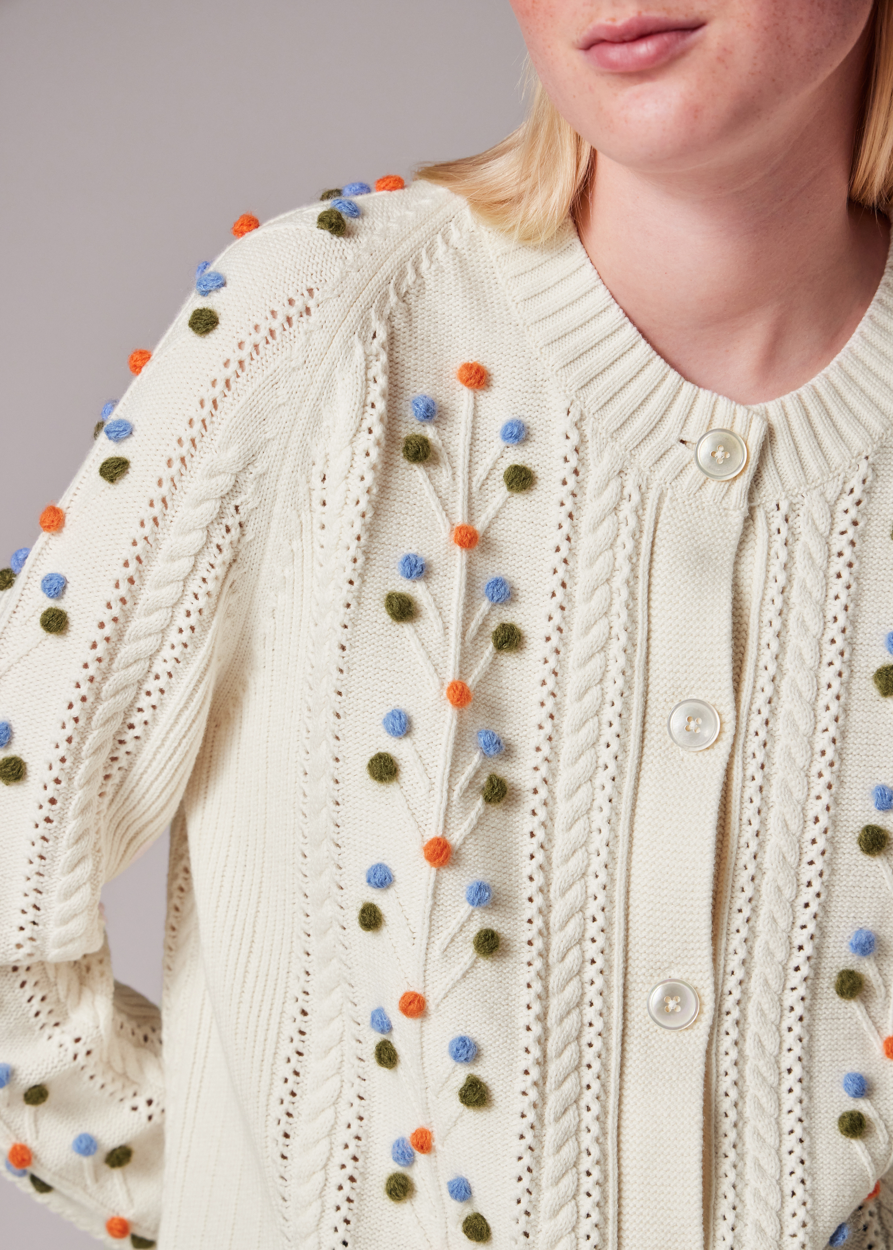 Women's Ecru Cable Knit Pom Pom Cardigan - 6