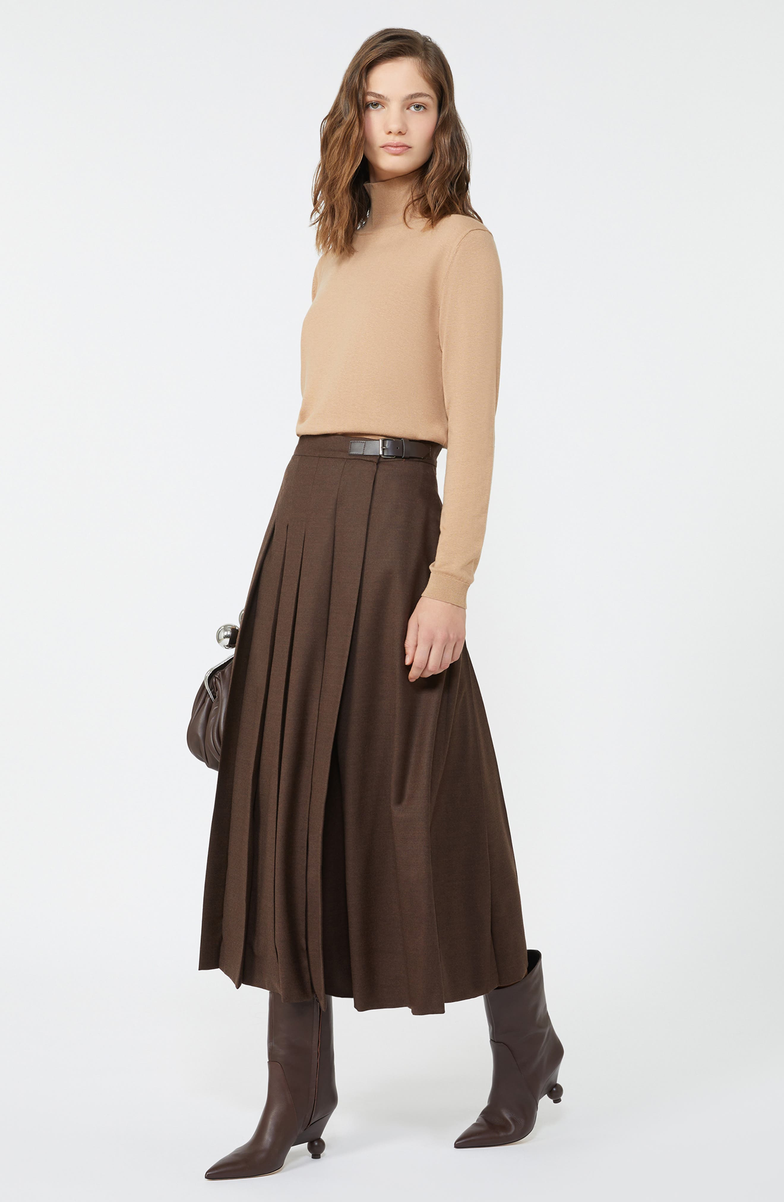 Weekend Max Mara Fastoso Pleated Stretch Virgin Wool Skirt in Chocolate at Nordstrom - 3
