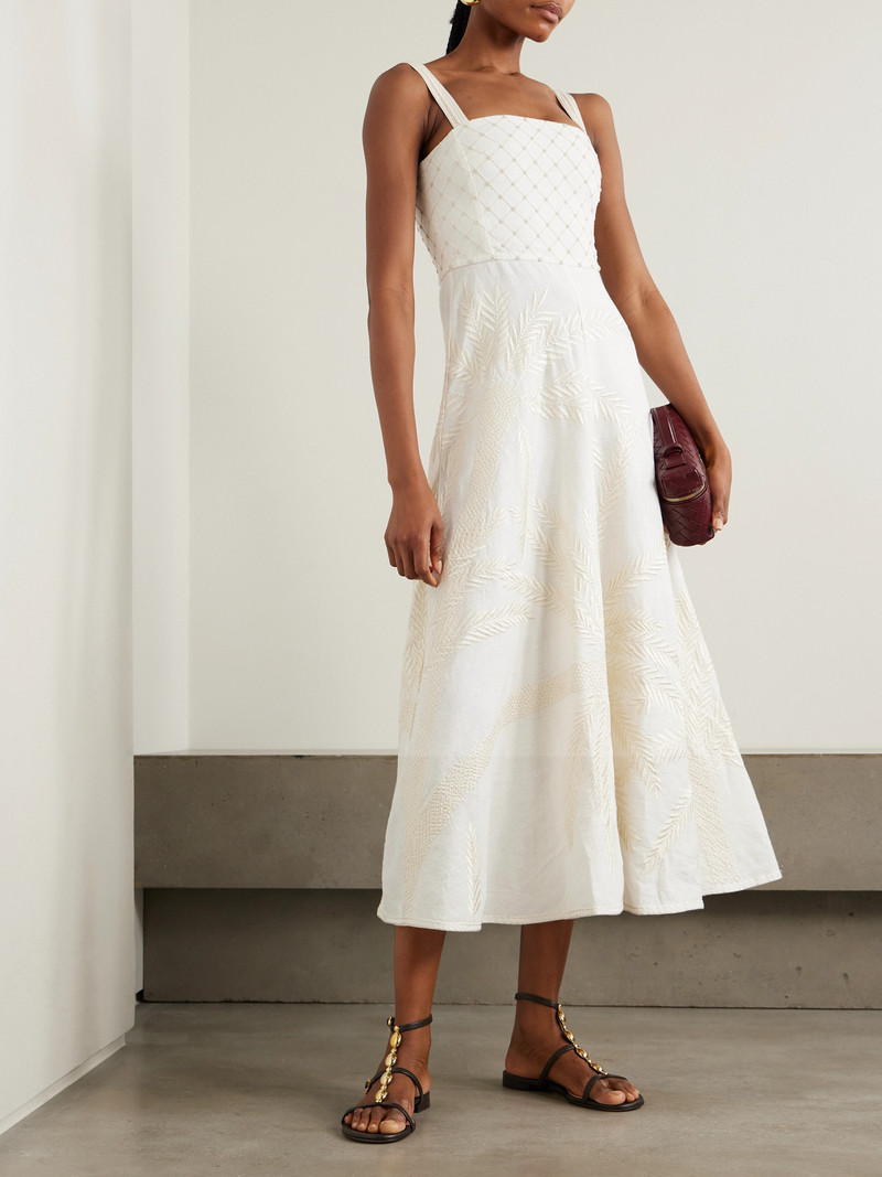 EMPORIO SIRENUSE Anabel Bead-embellished Embroidered Ramie And Linen-blend Midi Dress outlook