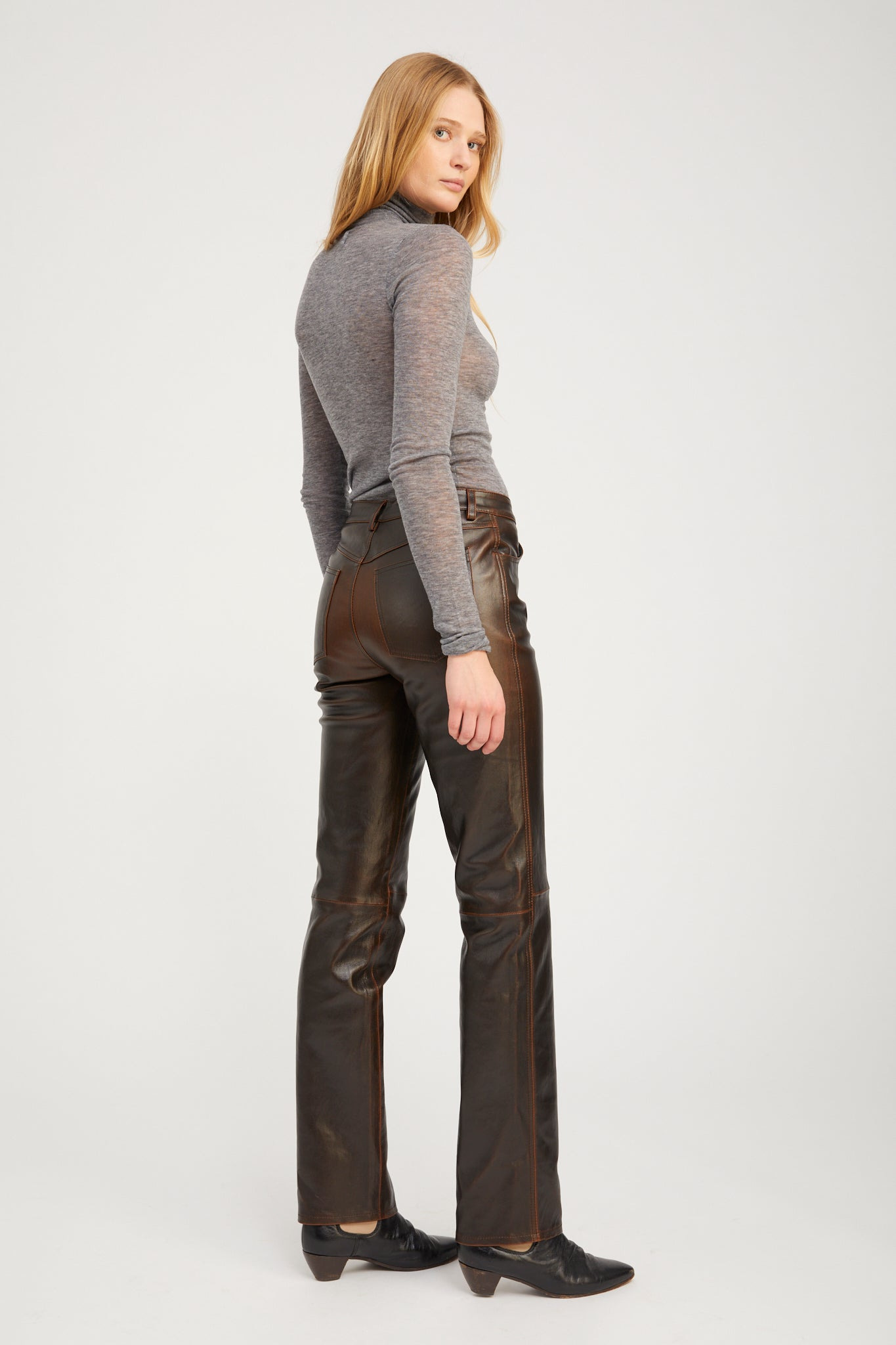 BURNT UMBER LEATHER 5 POCKET SLIM STRAIGHT - 4