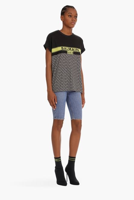 Bicolor cotton jacquard T-shirt with lime green Balmain logo print - 7