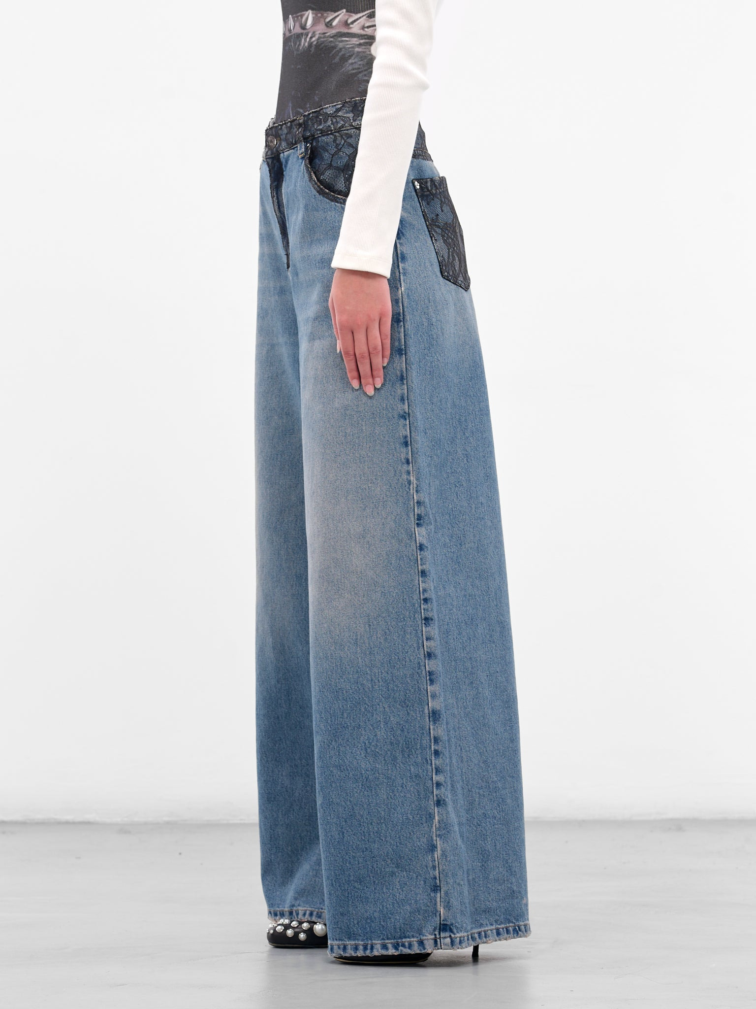 Blue Denim Lace Wide Jeans - 2
