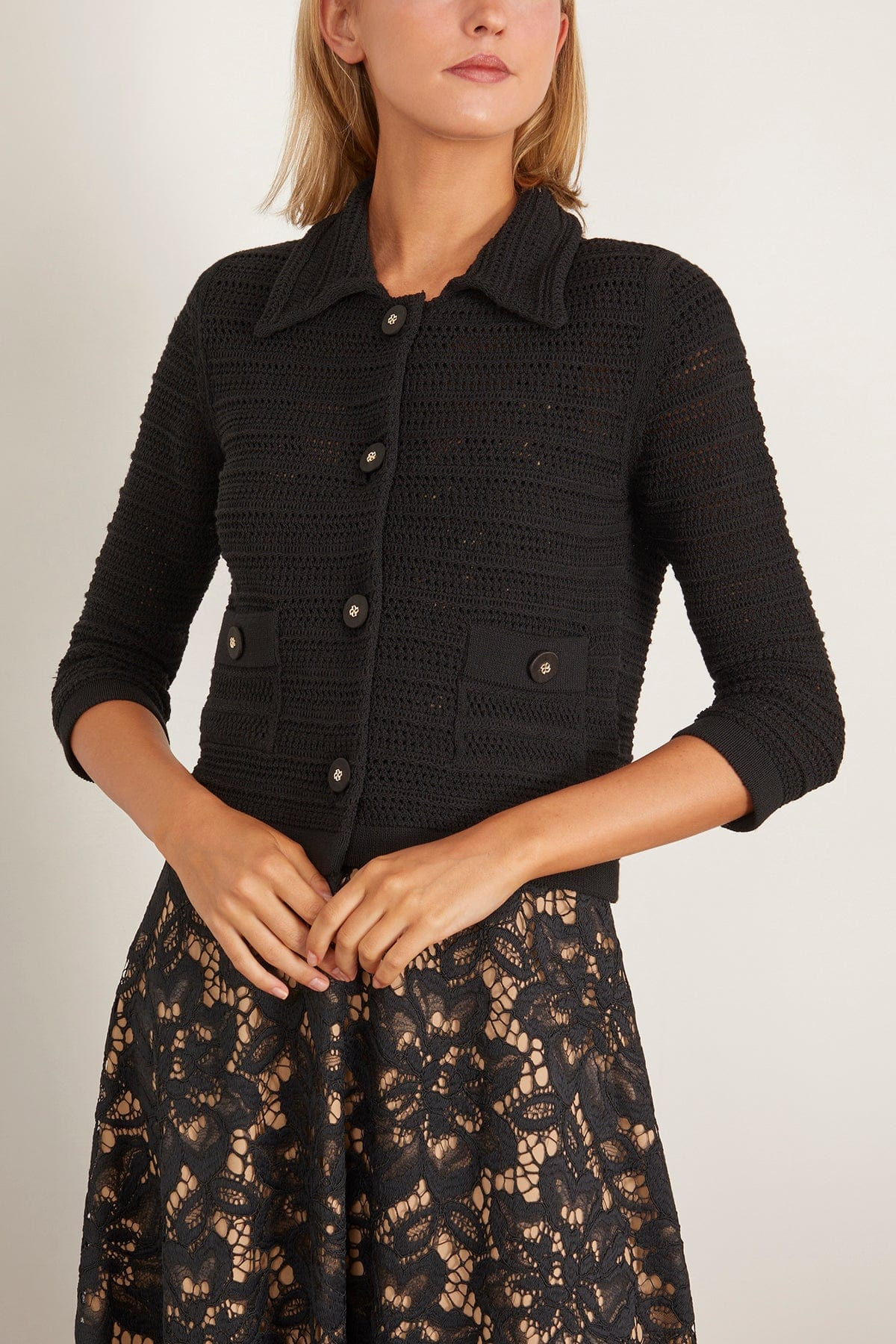 Precise Pointelle Jacket in Pure Black - 4