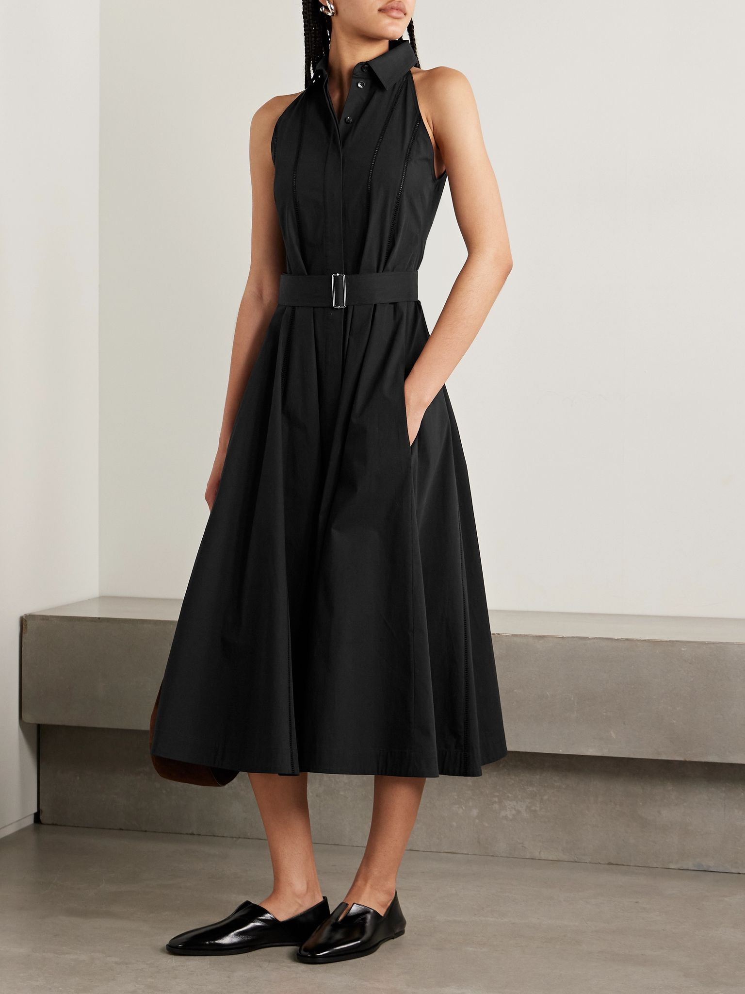 Dorothy crochet-trimmed cotton-blend poplin midi shirt dress Black - 2