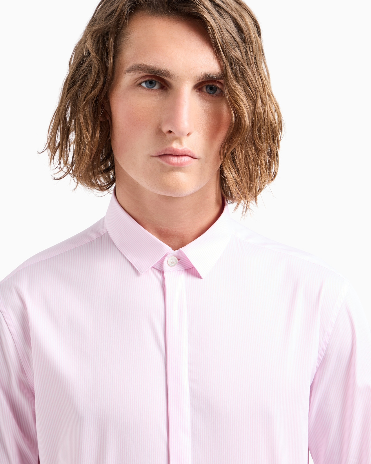 Shirt with a small Italian collar in stretch cotton with jacquard micro-stripes - 5