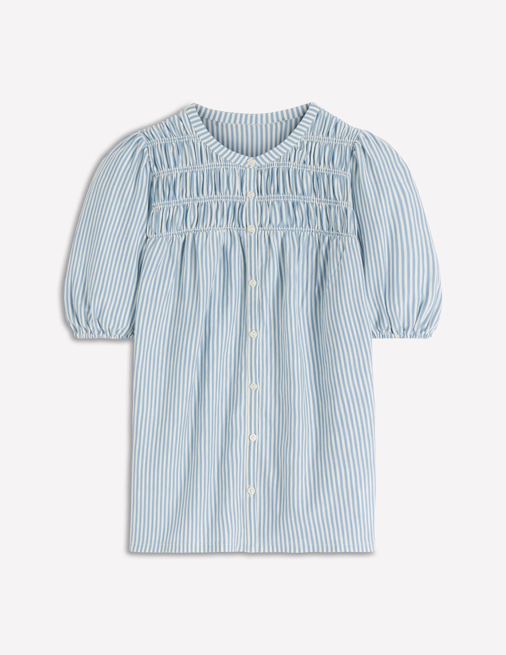 Mya Short Sleeve Smocked Shirt-French Blue and Ivory Stripe - 1
