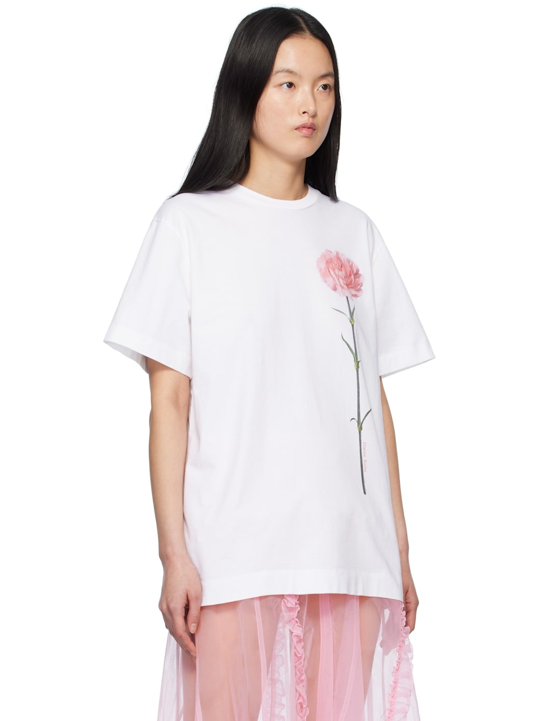 White Carnation Print Short Sleeve T-shirt - 2