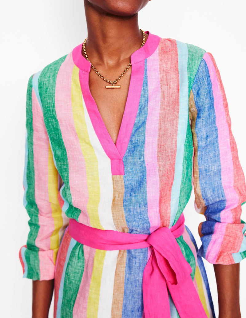 Cleo Linen Tie Waist Dress-Bright Rainbow Stripe 3