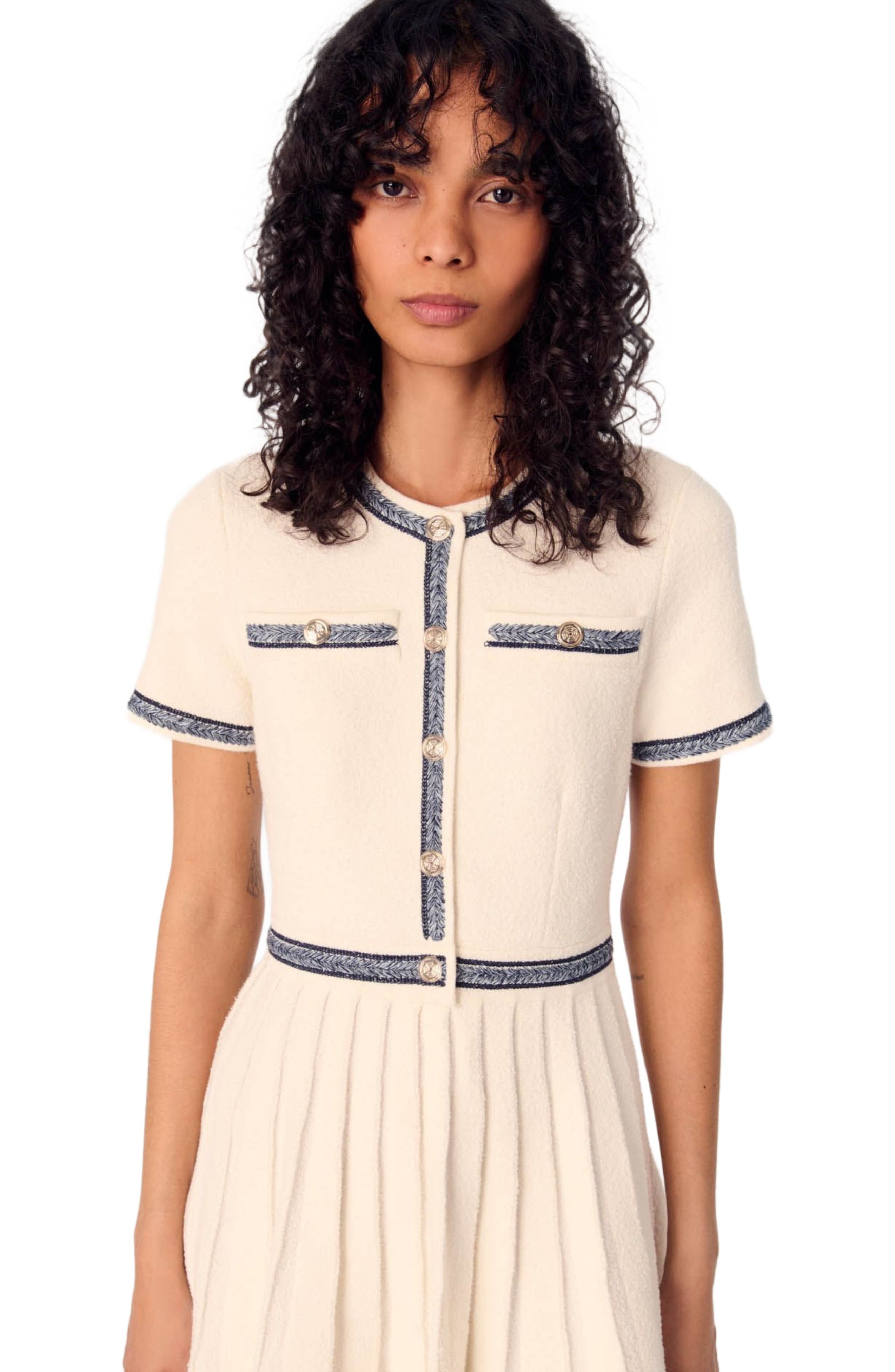 maje Pleated knit short dress in Ecru at Nordstrom - 4