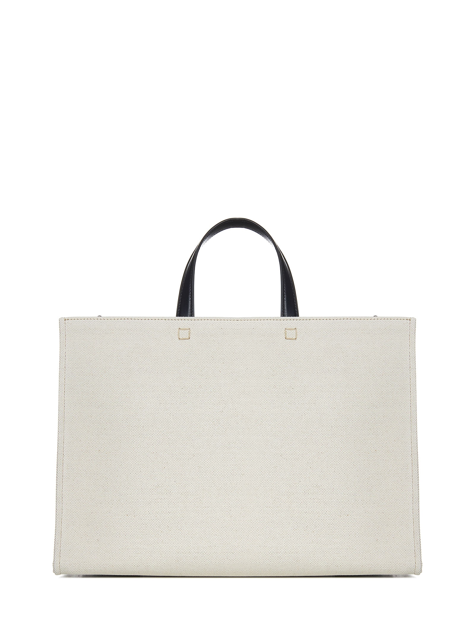 Beige cotton and linen canvas tote bag with signature at front and removable shoulder strap. - 2