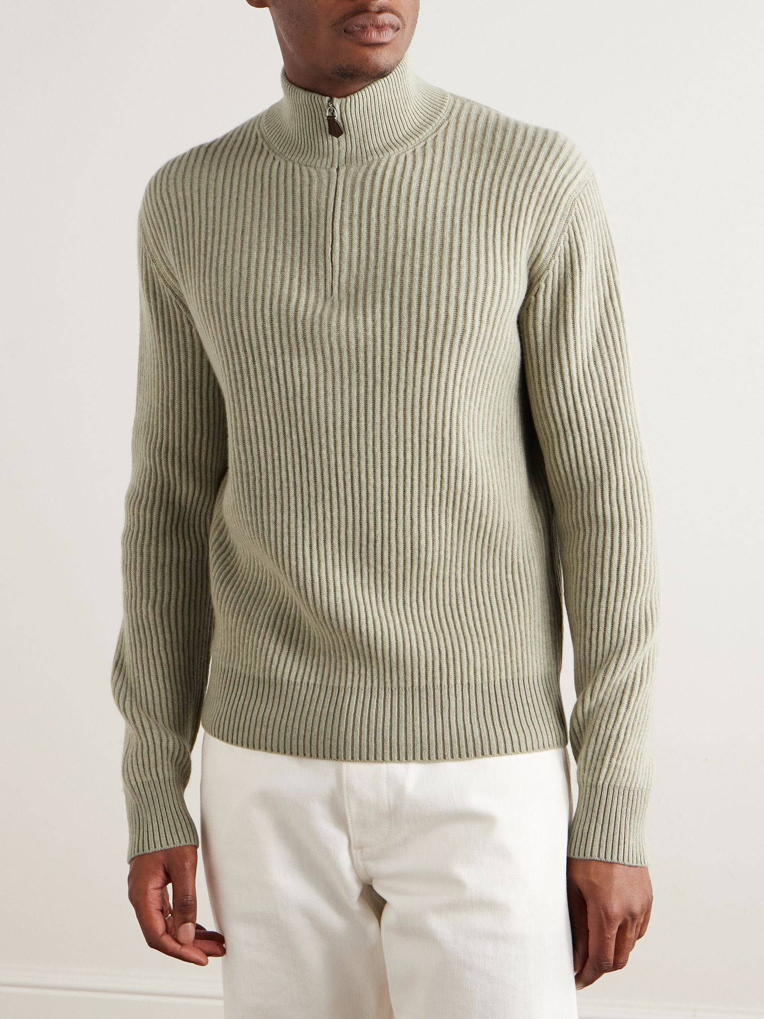 Plane Tree Ribbed Cashmere Half-Zip Sweater Green - 3