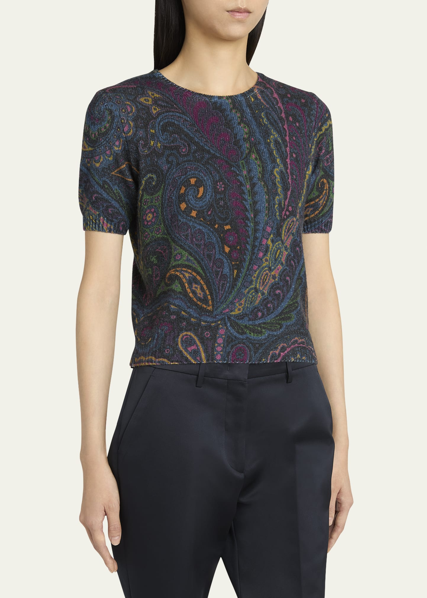 Short-Sleeve Knit Paisley Sweater - 4