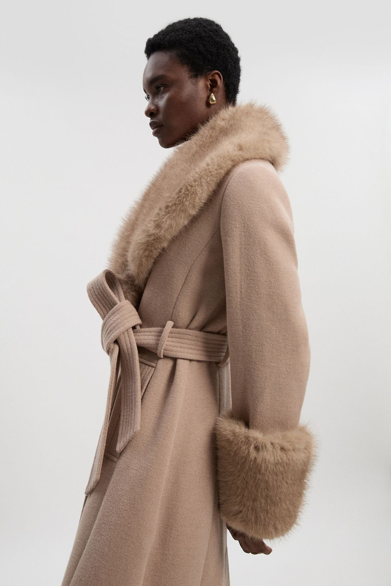 KAREN MILLEN Petite Wool Blend Detachable Faux Fur Belted Coat outlook