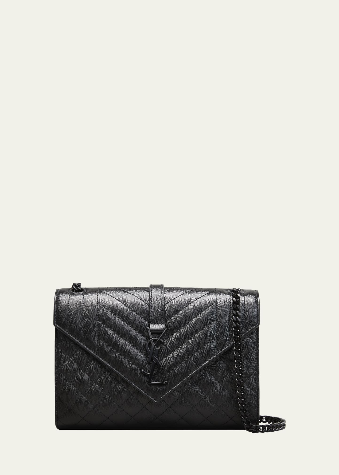 Triquilt Medium YSL Monogram Grain de Poudre V Flap Satchel Bag - Black Hardware - 1