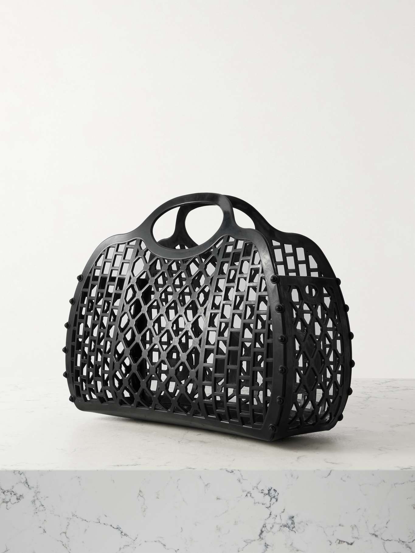 Cage leather-trimmed studded rubber shoulder bag Black - 3