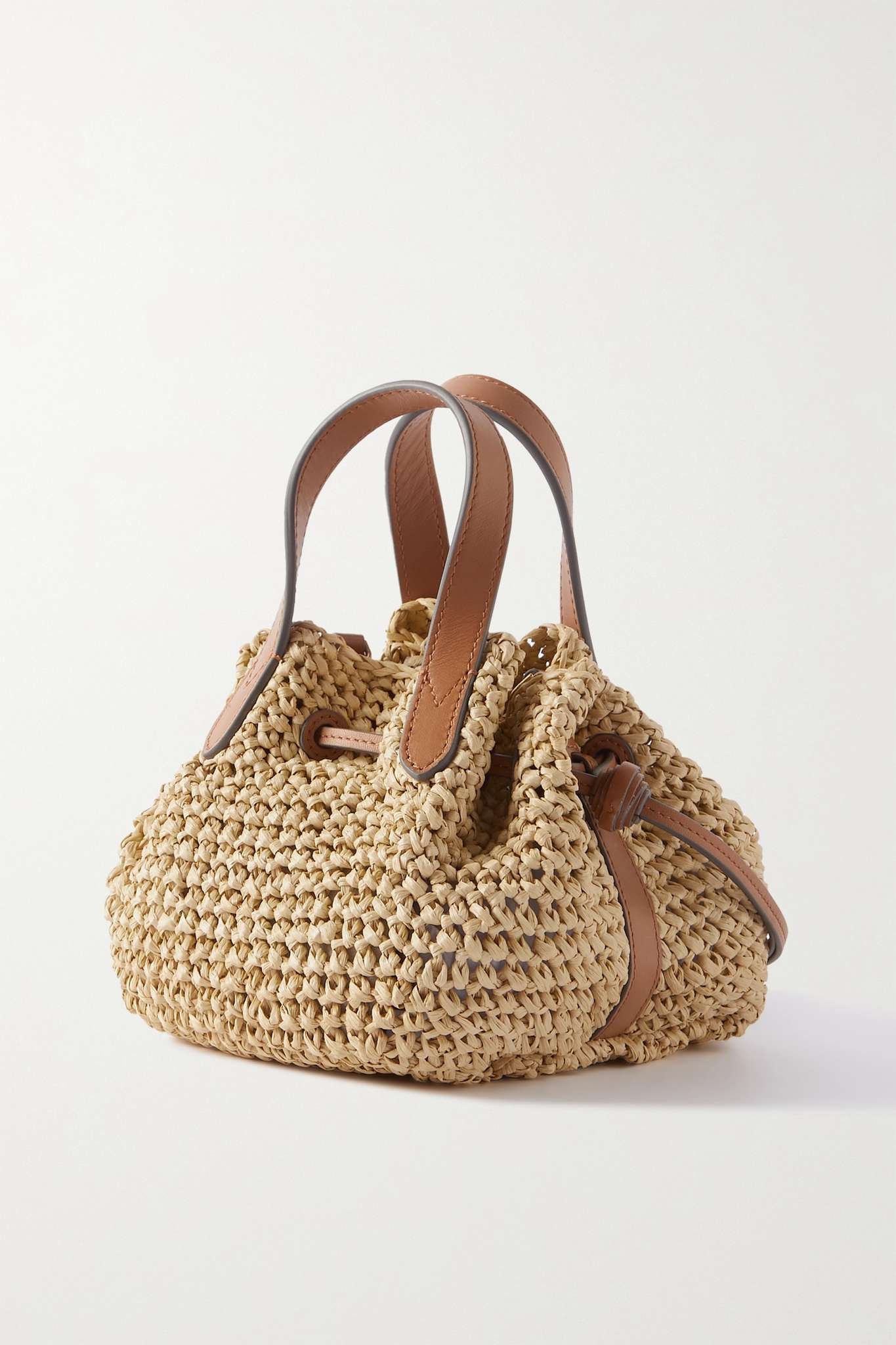 Small leather-trimmed woven raffia tote - 3