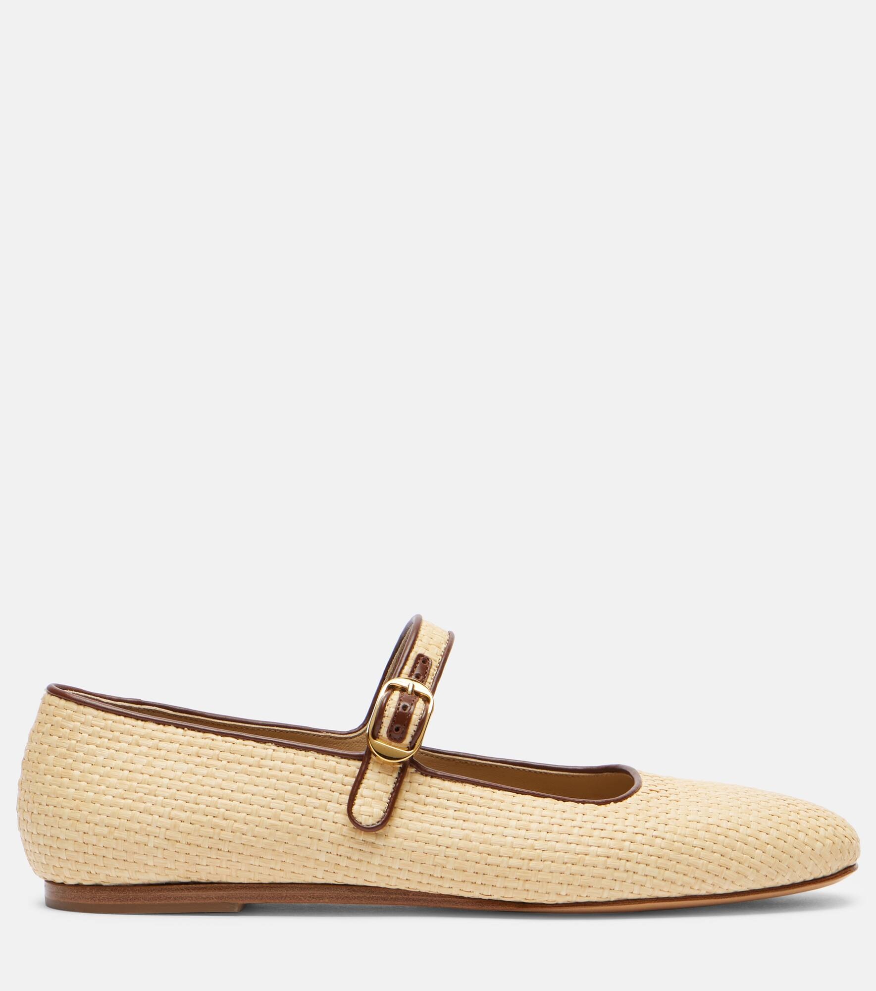 Leather-trimmed raffia Mary Jane flats - 4