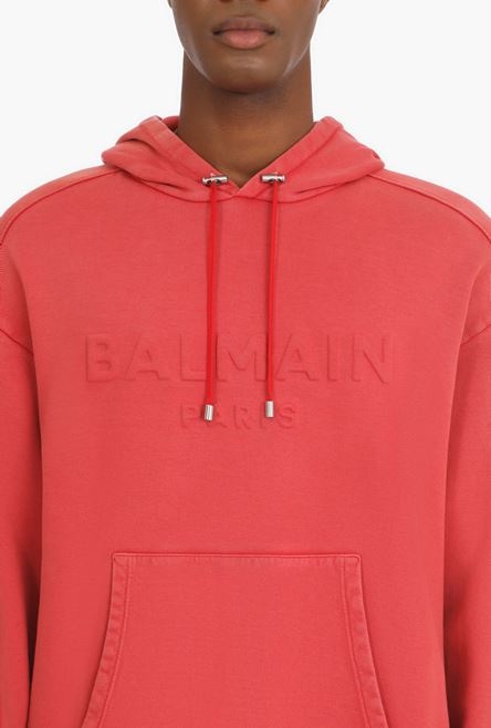 Faded red cotton hooded sweatshirt with embossed Balmain logo - 6