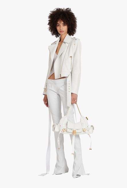 Cropped white leather biker jacket - 2