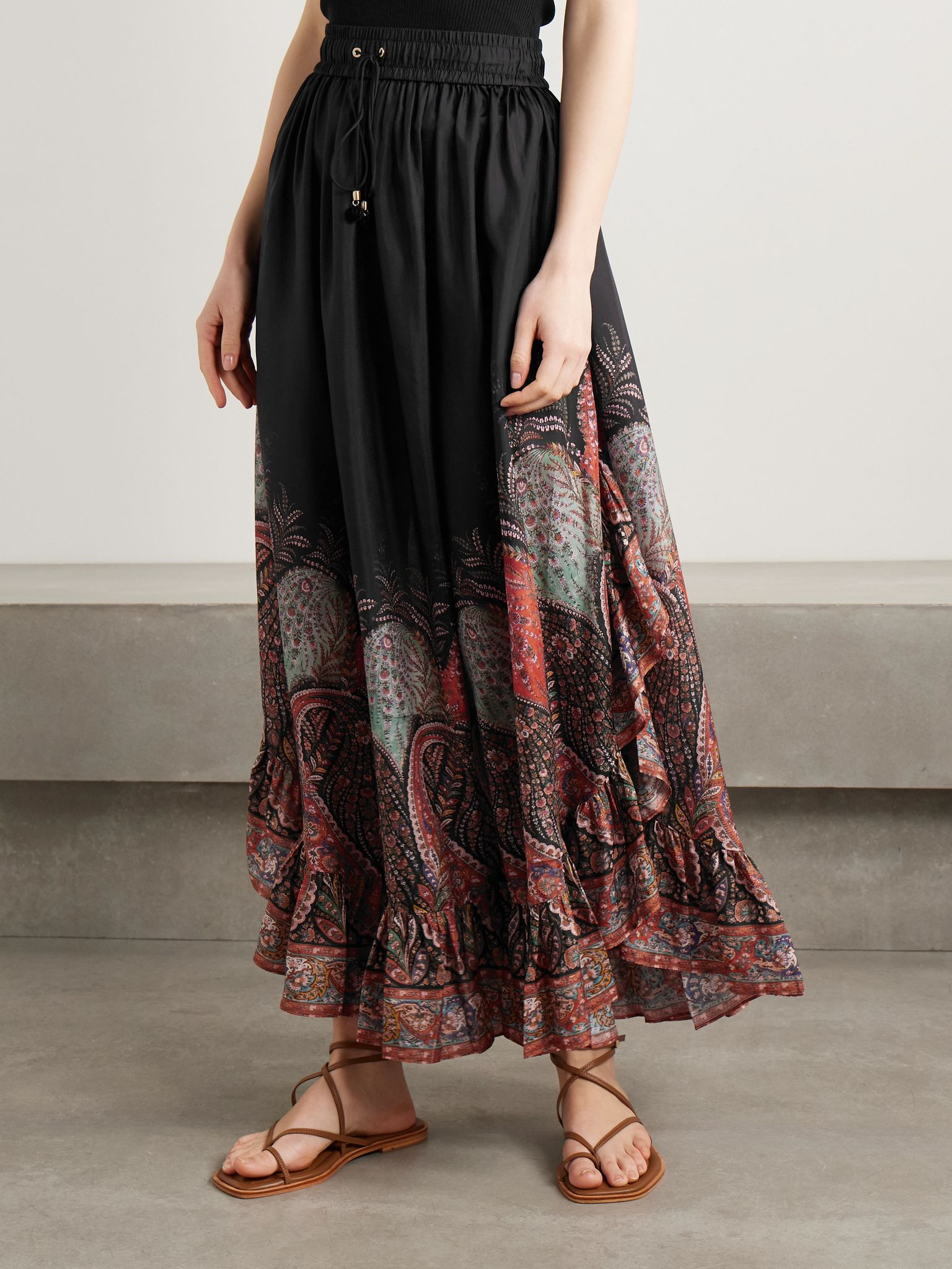 Rhiannon ruffled paisley-print organic silk maxi skirt Black - 3