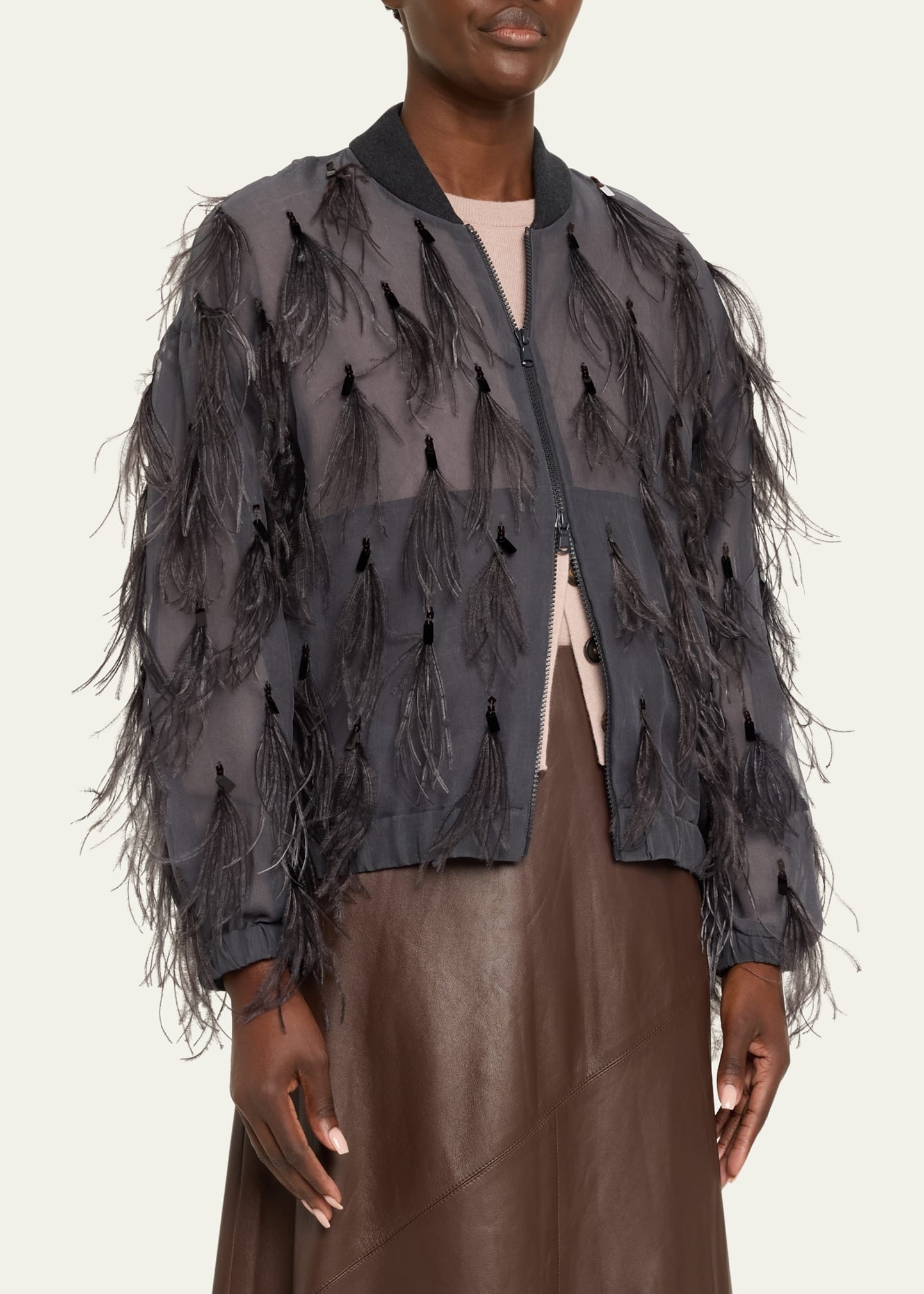 Crispy Silk Organza Bomber Jacket with Feather and Shiny Embroidery - 4